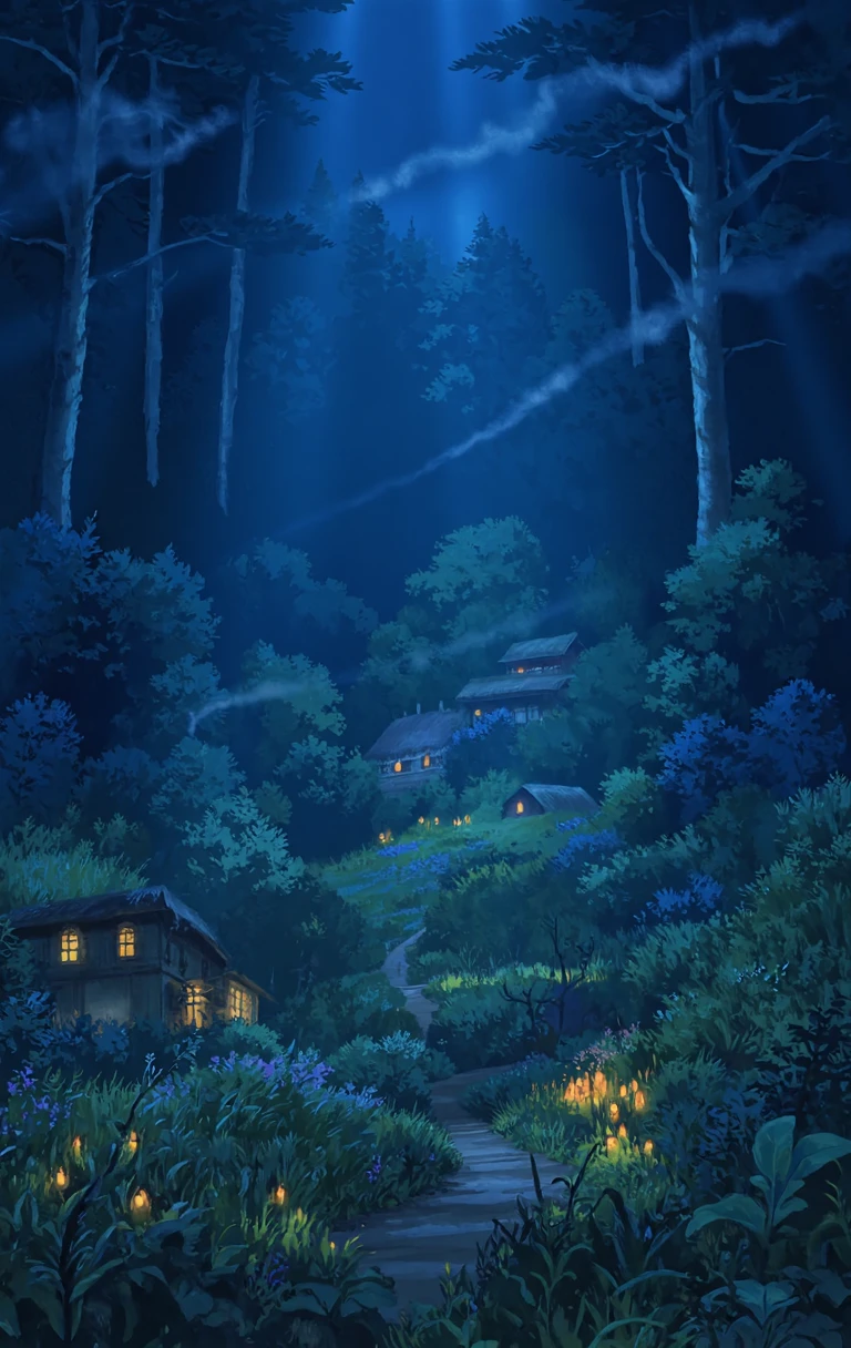 sgbl artstyle An enchanted forest bathed in moonlight, with glowing plants and creatures, and a small, hidden village nestled among ancient, towering trees.