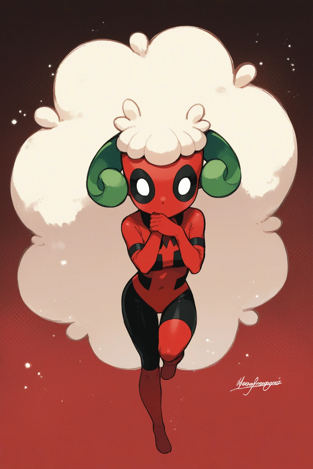 score_9, score_8_up, score_7_up, score_6_up, score_5_up, score_4_up, masterpiece, high quality, BREAK, full body, BREAK, 1girl, <lora:Deadpoolification:0.9> deadpoolification, deadpool, red and black clothes, white eyes, mask, bodysuit, full face mask, face covering, full mask,  <lora:Whimsicott-:0.55> Whimsicott, pokemon, creature, girl, 1girl, lots of hair, excessive hair, white hair, tanned, ram horns, green horns,