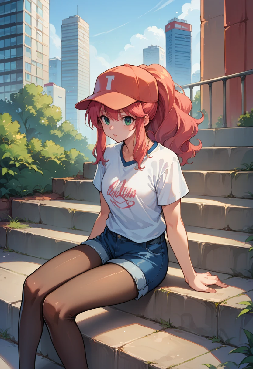 score_9, score_8_up, source_anime, 1girl, solo, FeldtGrace, long hair, ponytail, baseball cap, t-shirt, denim shorts, pantyhose under shorts, sitting, stairs, outdoors, city, <lora:ChamFeldtGracePonyXL:1>