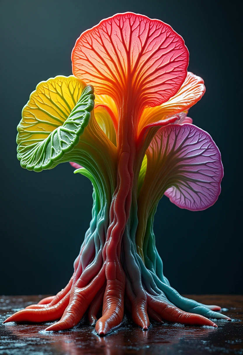 A bizarre rainbow colored alien plant with thick, veiny leaves. The veins are prominent, running through the fleshy surface of the leaves, giving the plant an unnervingly organic appearance. The plant seems to be alive, as if its veins are pumping some strange fluid through its body. <lora:veiny_veins_flux_v1:0.9>