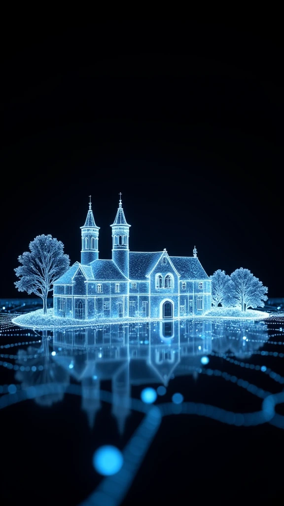 1qqq,a wireframe hologram of a countryside with glowing blue lines forming intricate patterns around its structure,plain black background,transparent holographic,minimalist shape,transparent,bioluminescence,architectural structure,