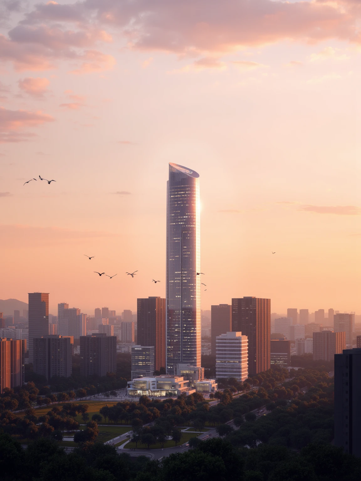 a cityscape at dusk,bathed in the warm hues of the setting sun. The sky,painted in shades of orange and pink,serves as a dramatic backdrop to the urban scene below. A flock of birds is seen soaring across this vibrant canvas,adding a sense of movement and life to the otherwise static cityscape.,
In the heart of the frame stands a towering skyscraper,its glass facade reflecting the last rays of sunlight. This modern architectural marvel is surrounded by several other buildings,their silhouettes forming a jagged skyline against the twilight sky. These structures vary in height and design,suggesting a mix of residential,commercial,and possibly governmental purposes.,
The city appears to be nestled amidst nature,with patches of greenery visible around the buildings. Trees and parks dot the landscape,providing a refreshing contrast to the concrete jungle. Despite the bustling cityscape,there's a sense of tranquility that comes from the natural elements coexisting harmoniously within the urban environment.,
Overall,the image presents a captivating blend of architecture and nature,capturing the essence of a city alive with activity even as the day draws to a close.,