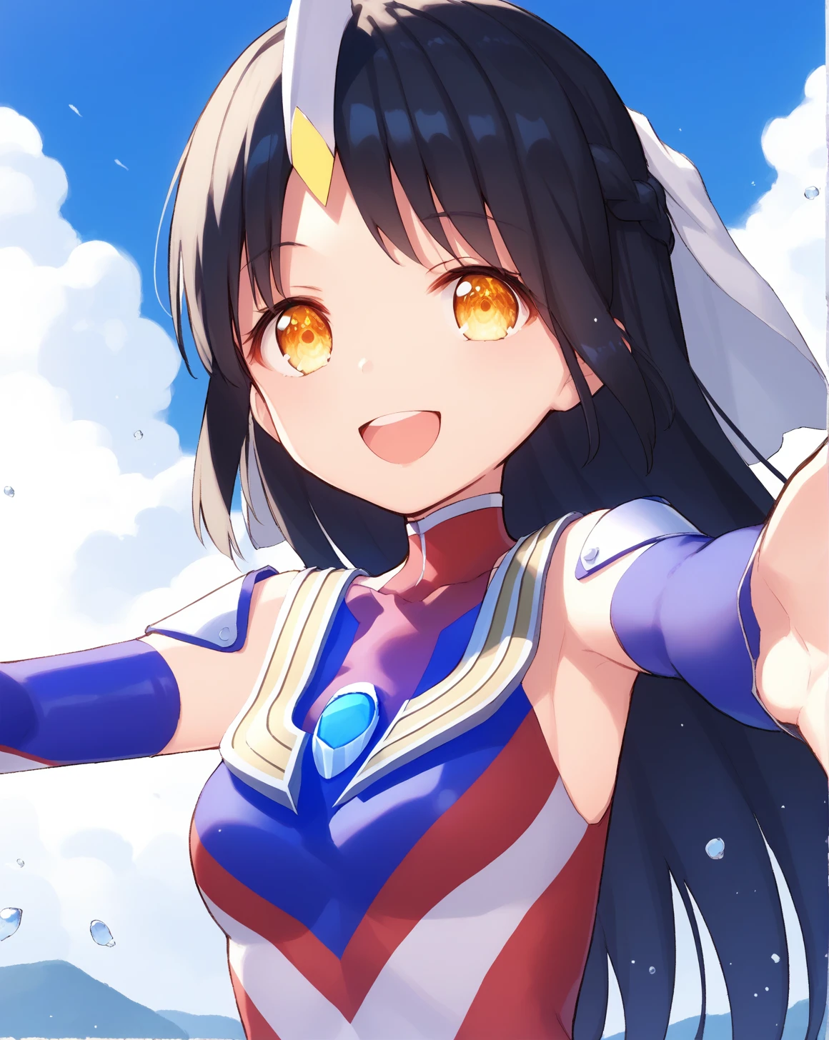 <lora:ultragirl_tiga_v1.1:1>,tiga,headgear,long hair,black hair,braid,yellow eyes,small veil,
blue chest jewel,silver chest jewel,multicolored bodysuit,elbow gloves,
1girl,solo,
falling,outstretched arms,outstretched hand,reaching towards viewer,
sky,
smile,open mouth,, score_9,score_8_up,score_7_up,source_anime,best quality,masterpiece,uncensored,detailed eyes,