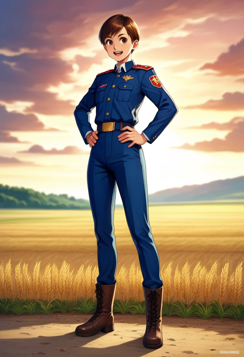 PonyXLV6_Scores, source_anime,1girl,standing,leangzh,short hair,brown hair,brown eyes, <lora:LeangZHPony:0.8>,hands on hips,full body,happy,:d,military uniform,jacket,pants,boots,outdoors,wheat field,(solo:1.2)