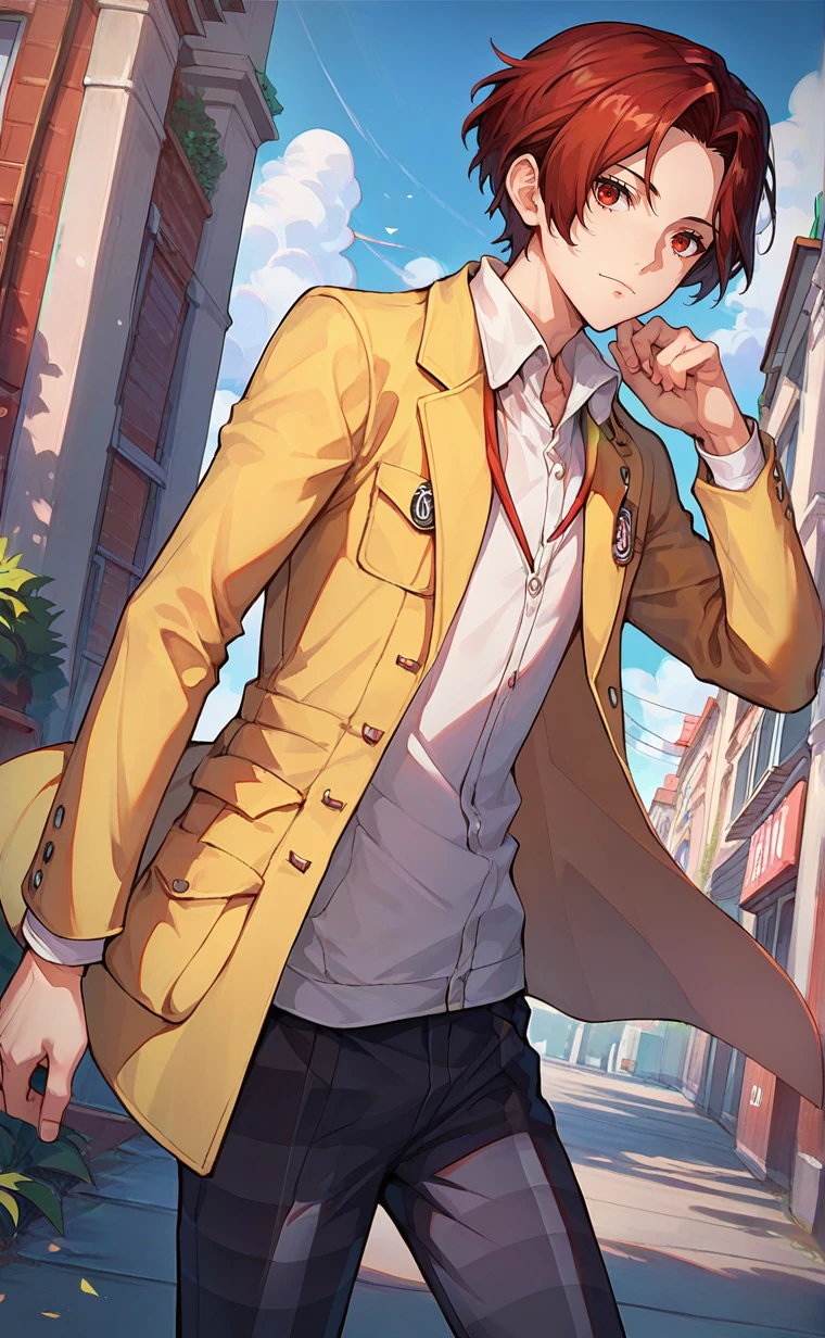 1 boy,male focus,wonder_p5x,solo,red eyes,dark red hair,short hair,eyelash,expressionless,yellow jacket,school uniform,pants,outdoor,school,,score_9,score_8_up,score_7_up,source_anime,light smile,happy,,<lora:Wonder:0.8>,<lora:Smooth Anime Style LoRA XL:0.8>