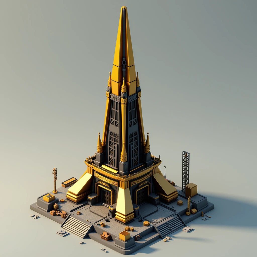 Low poly isometric game asset. A tall spire made of highly reflective gold and solid black metal in the style of brutalist structure. Isometric low poly game asset of the sci-fi gold and black spire.