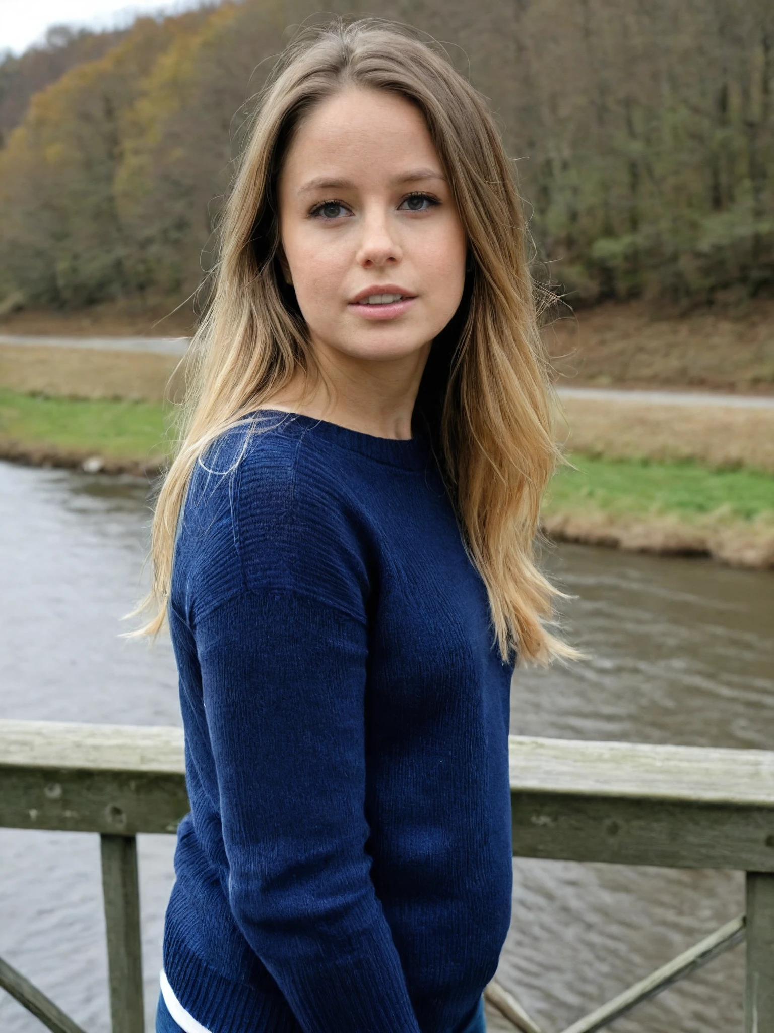 woman, astonrichardsxl, long hair, Standing on a bridge overlooking a river wearing a navy blue sweater, <lora:astonrichardsxl:1>