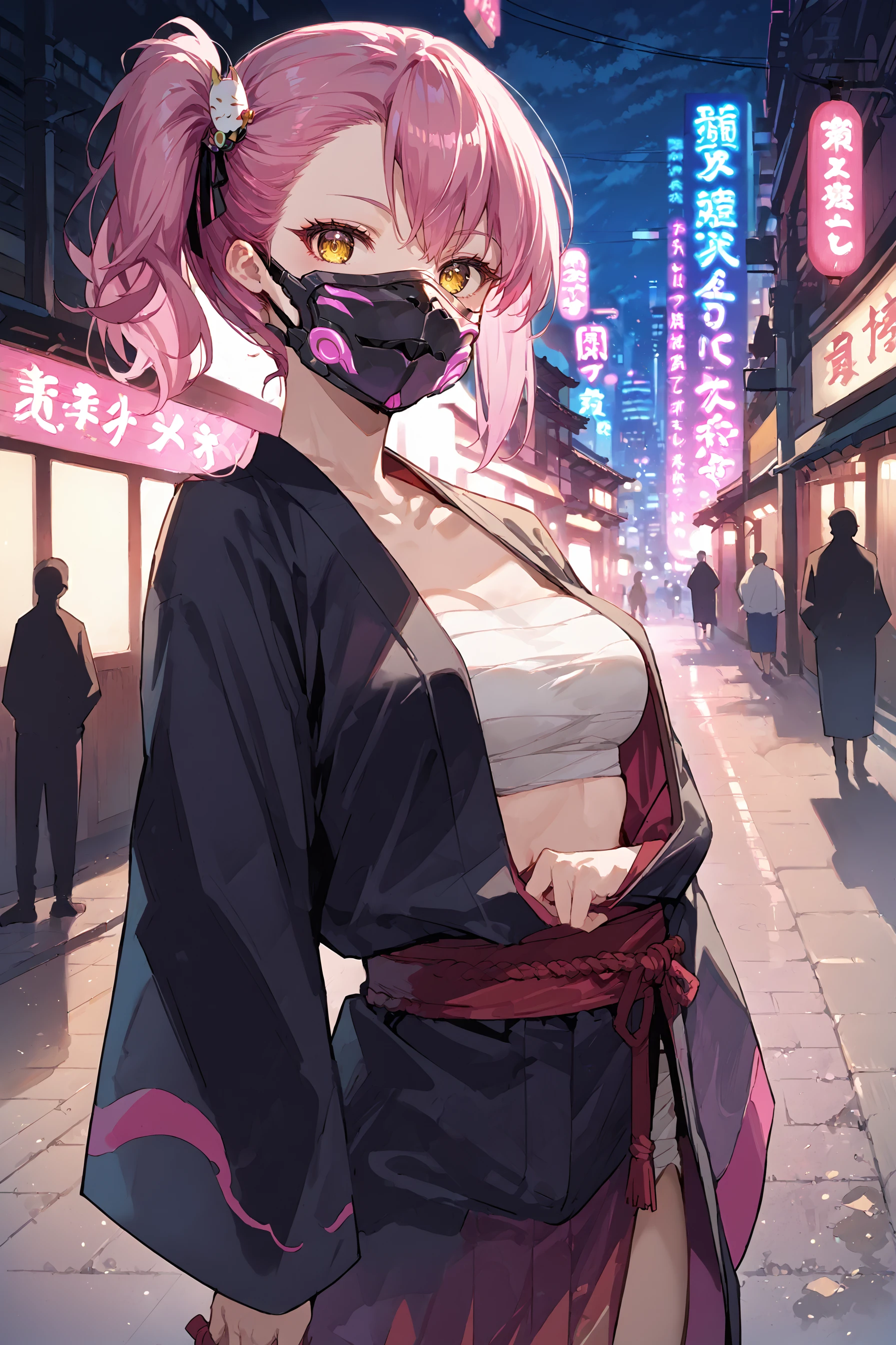 (score_9, score_8_up, score_7_up) BREAK source_anime,1girl,solo,yellow eyes,pink hair,side ponytail,japanese clothes,arm inside kimono,medium breasts,chest sarashi,black kimono,mask,looking at viewer,cowboy shot,city,street,night,neon,neon lights,neon trim,building,<lora:casual_kimono_v1:1>,<lora:neon_v1:1>,