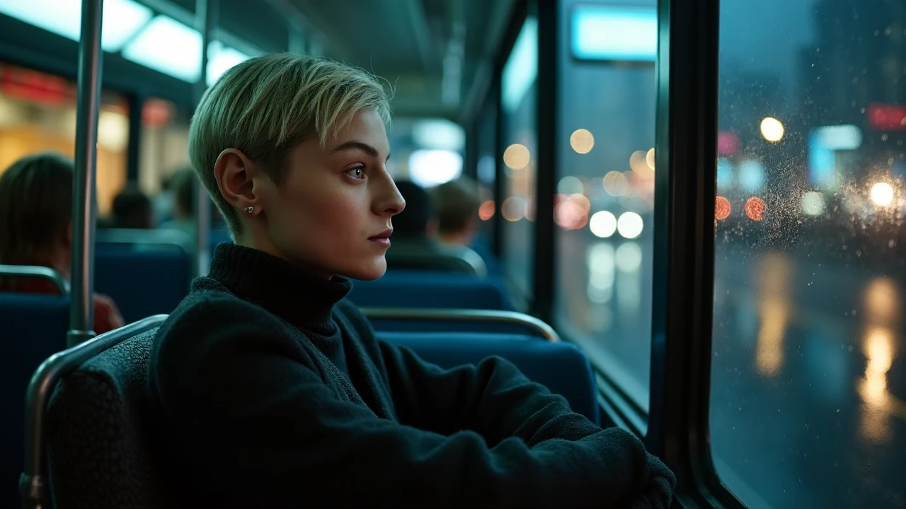 Realistic photography, Canon 8k, 88mm, night, bus, woman 3mc0rr sitting by the window, 19 years old, pixie cut hair, black turtleneck, coat, looking out the window with cold eyes in the rain, sitting in a chair, leaning back in the chair, arms on the seat, hands on the chair, out of focus crowd, night view of a city, warm lights highlighted, lights in the bus are fluorescent and only visible in the background, out of focus,