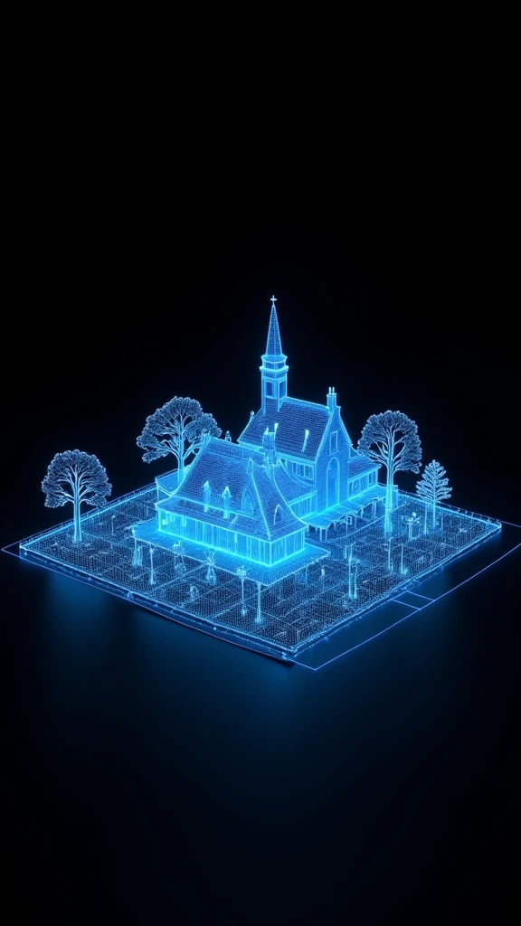 1qqq,a wireframe hologram of a countryside with glowing blue lines forming intricate patterns around its structure,plain black background,transparent holographic,minimalist shape,transparent,bioluminescence,architectural structure,