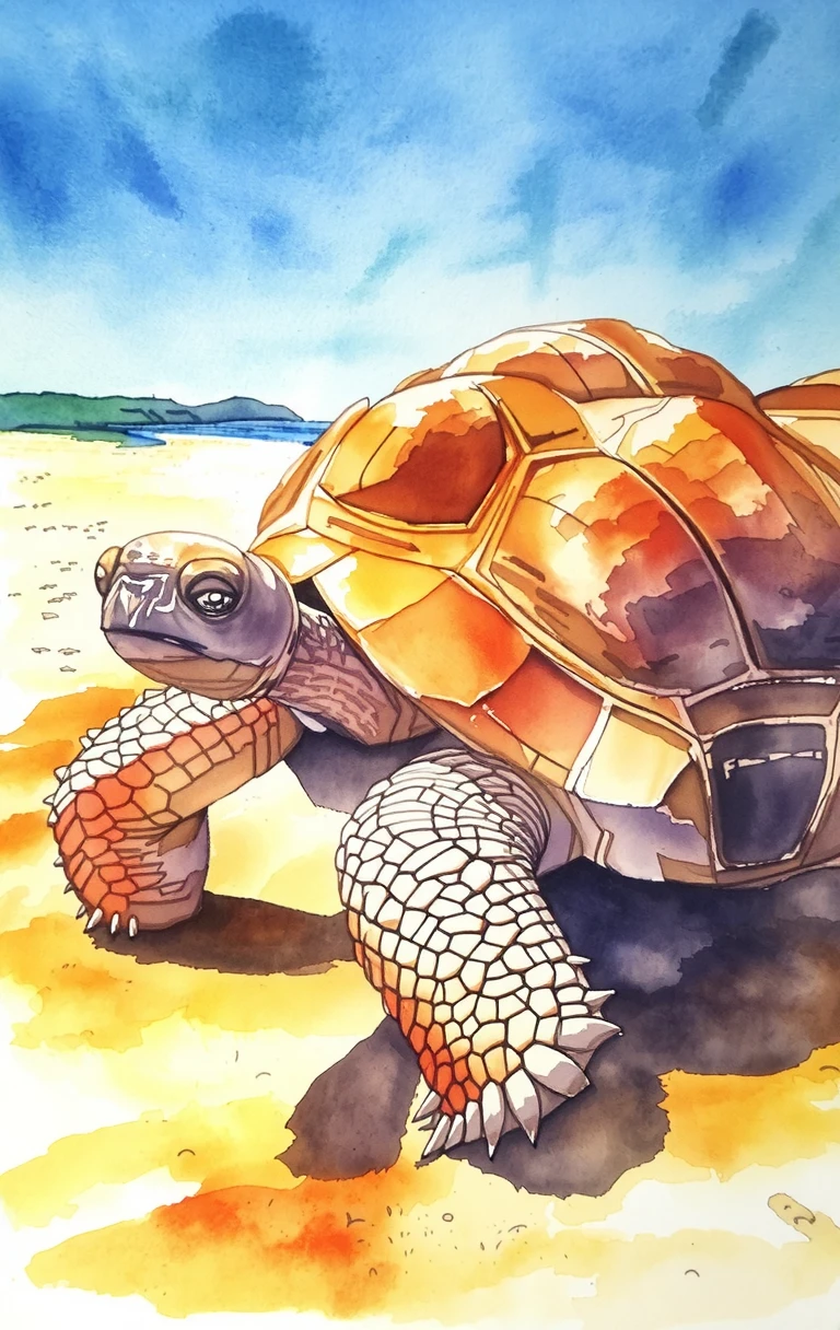 watercolor painting A massive, ancient tortoise slowly making its way across a sunlit desert, its weathered shell marked with deep grooves and cracks, as it moves with purpose toward a distant oasis.