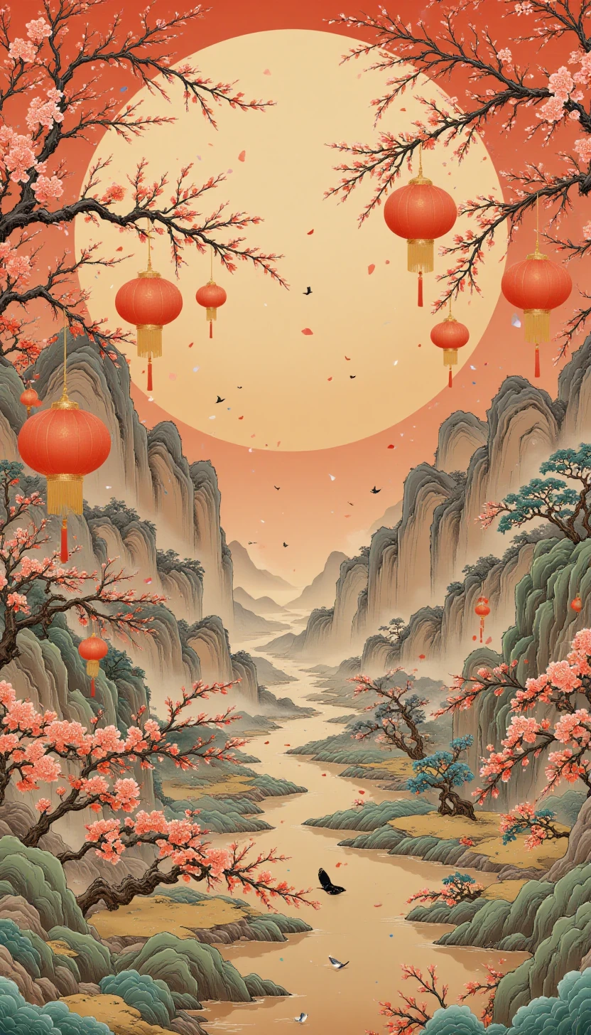 p1nktrad1t10nalch1n3s3styl3,A vibrant depiction of the Chinese Lantern Festival, with intricately painted lanterns hanging from trees