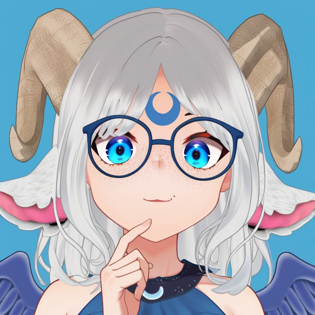 score_9, score_8_up, score_7_up, source_anime, 1 girl, animal ears, blue eyes, glasses, blue wings, freckles, smile, white goat ears, white hair, blue moon-shaped forehead mark, sheep ears,medium breasts, blue-framed glasses, crescent moon, curly horns,goat's tail, medium hair, sheep horns, facial mark, blue dress, virtual youtuber, white horns, sheep girl, monster girl, parted bangs, round glasses