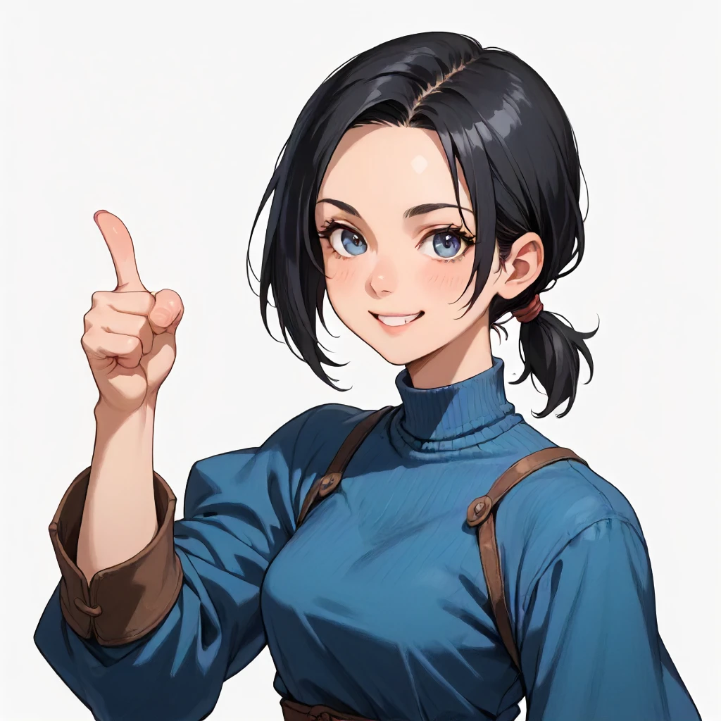 score9, solo, looking at viewer. simple background BREAK  <lora:btv marian crane v2:1> marian, 1girl, low ponytail, sidelock, short hair, gray-blue eyes, athletic build, strong. medieval clothing, dark blue turtleneck, pants, boots, smile, double thumbs up, two thumbs-up