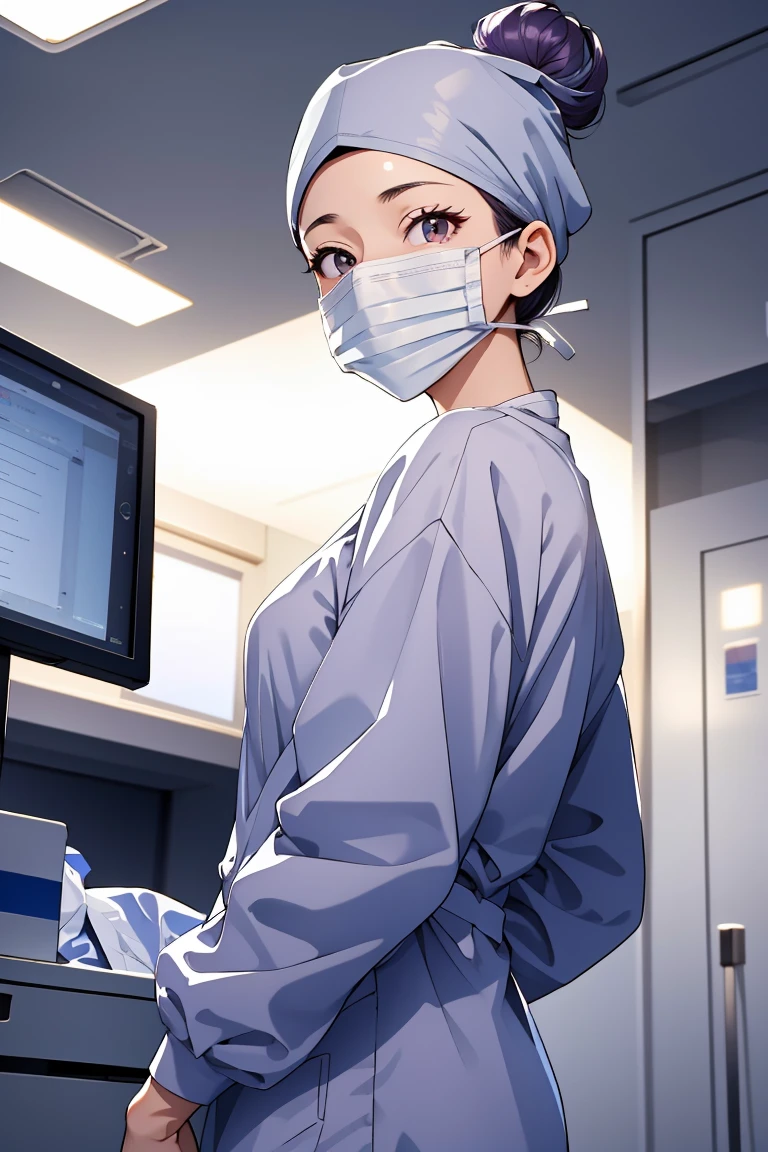 (RAW photo, best quality,facing the viewer,from front), operating room, overhead surgical light,blurred background, focused, dithering,backlighting,
 <lora:CMC_Katherine_Moretti_V1.0:0.5> cmc924, katherine moretti, 1girl, solo,dark purple hair, single hair bun, brown eyes,long hair,
 <lora:ConceptClothingSurgicalOutfit2_1:0.9> surgical outfit, surgical mask, long sleeves,surgical outfit, long sleeves, surgical mask,surgical cap,