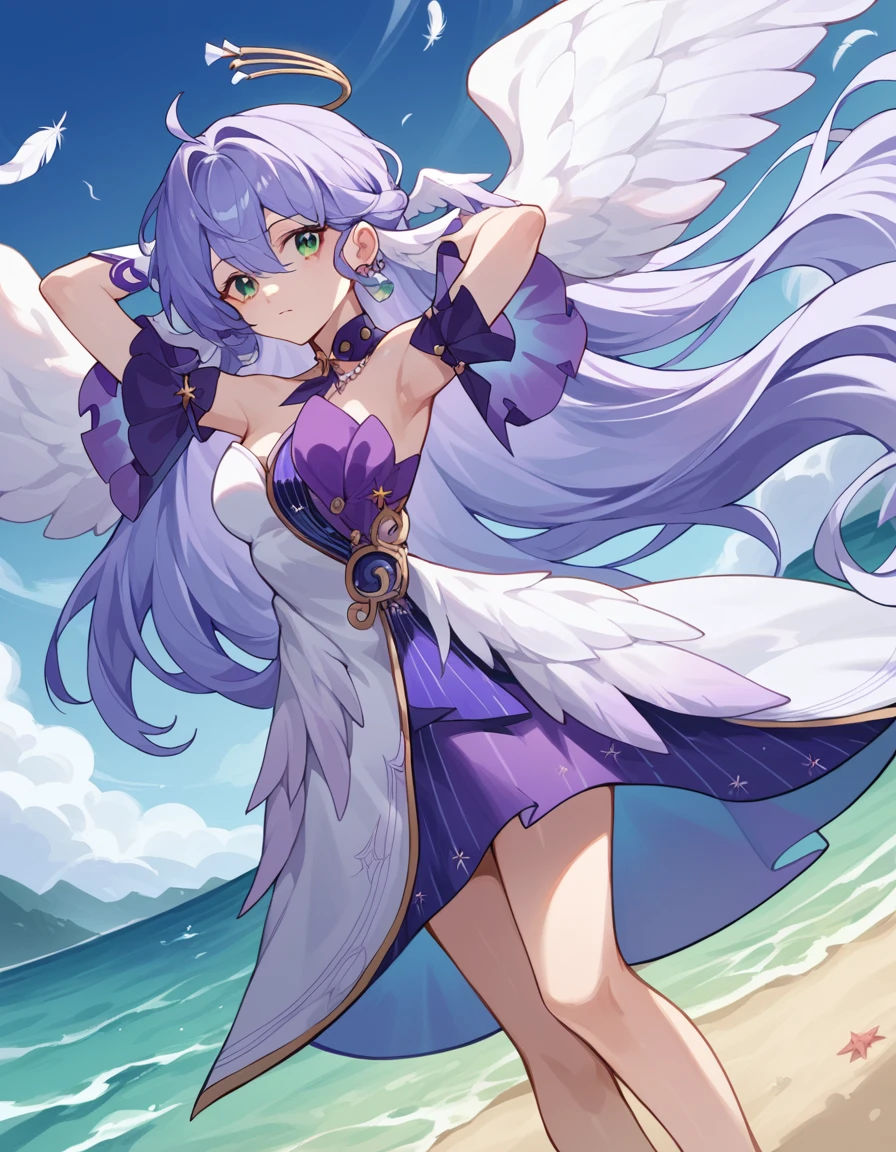 score_9, score_8_up, score_7_up, source_anime, <lora:hsr-robin-ponyxl-lora-nochekaiser:1>, hsr robin, purple hair, ahoge, long hair, very long hair, hair between eyes, feather ears, wings, white wings, green eyes, beads, hair intakes,, strapless dress, white dress, purple dress, detached sleeves, white gloves, feather boa, dress, shawl, halo, asymmetrical gloves, jewelry, earrings, purple collar,, beach, sand castle, swimsuit, summer vacation, ocean wave, hands behind head,, , , arm outstretched, hand on hip, knee up, solo,, cowboy shot, dutch angle