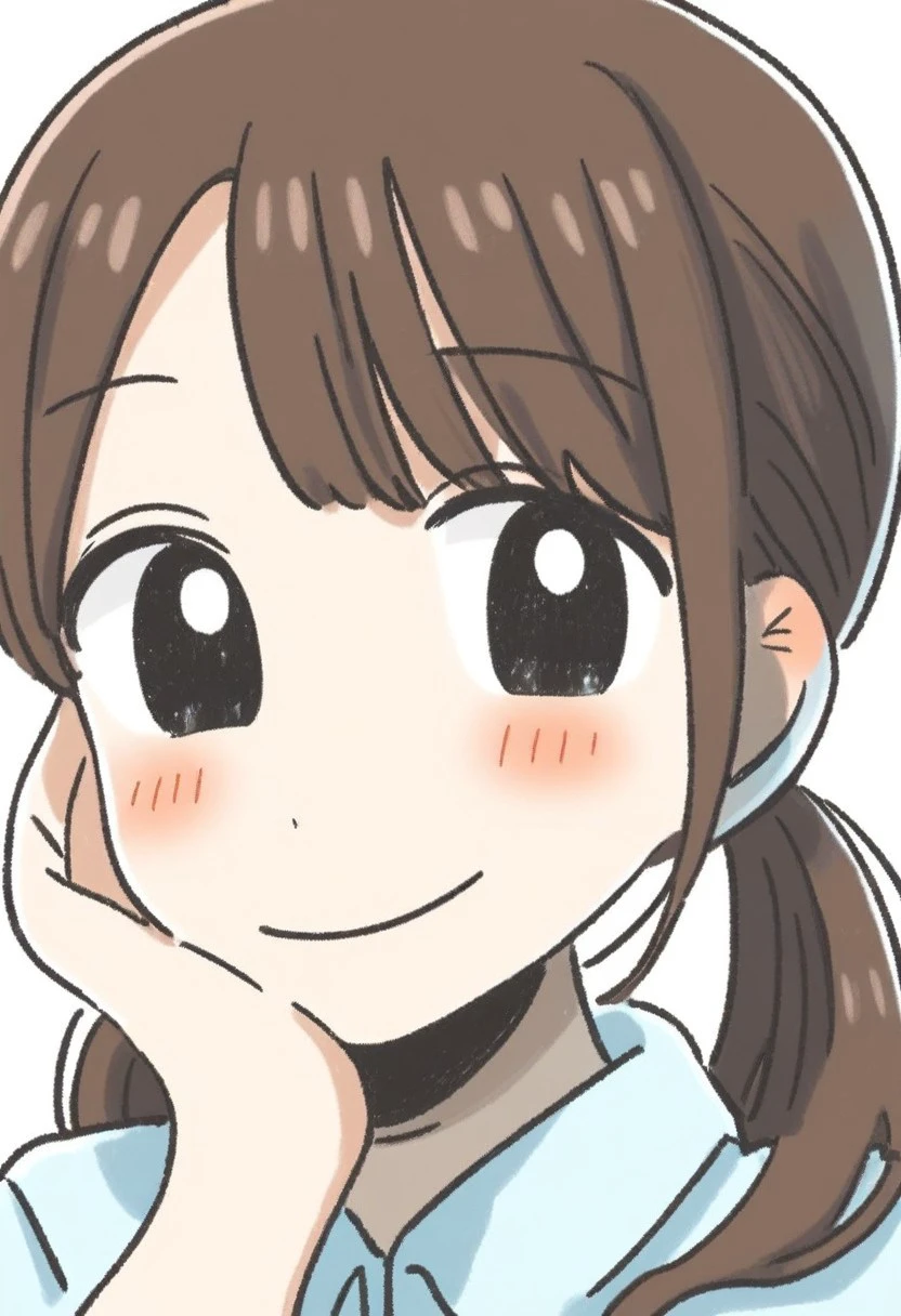 1girl, solo, long hair, looking at viewer, blush, smile, simple background, brown hair, shirt, white background, twintails, closed mouth, ponytail, hand up, black eyes, blue shirt, portrait, hand on own face