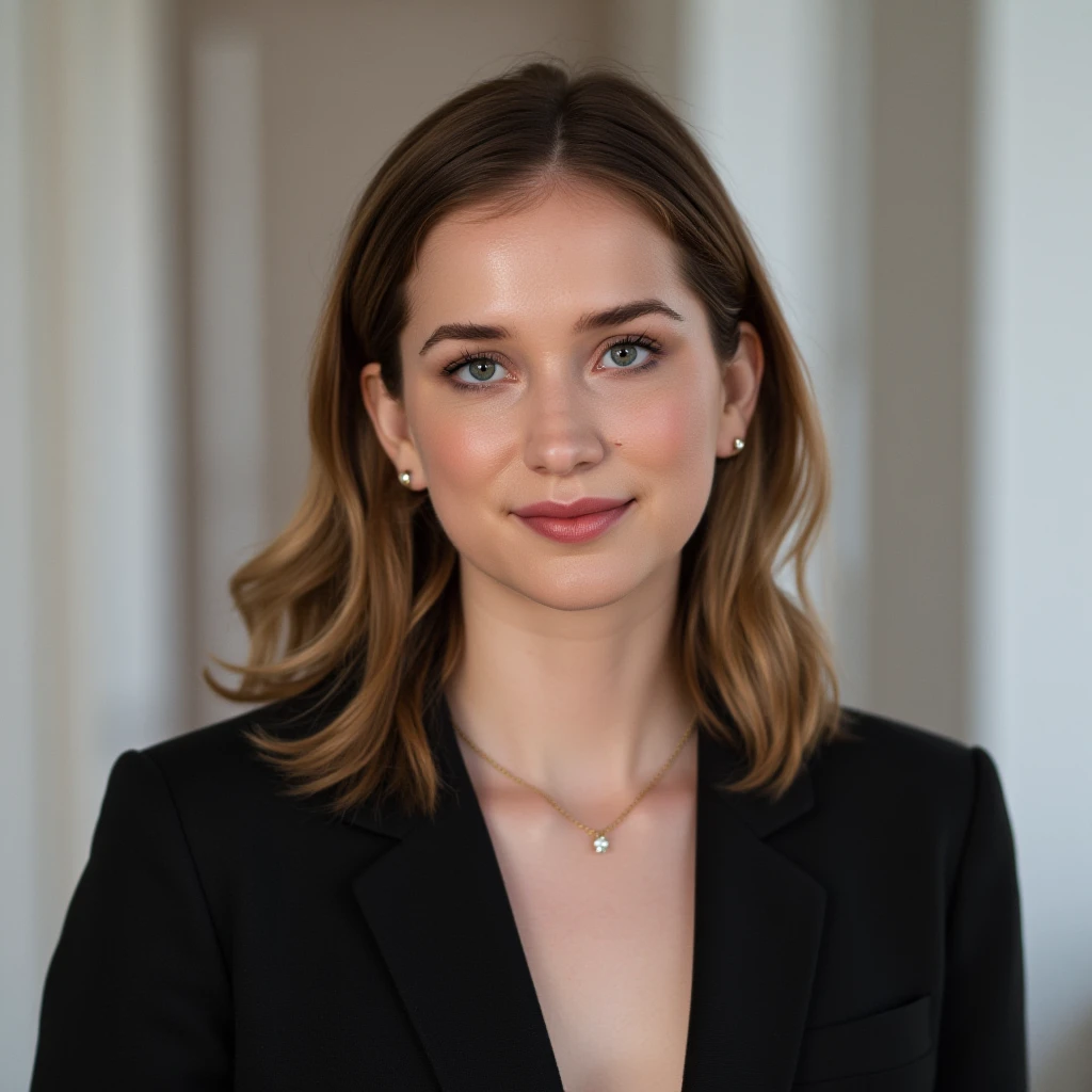 High quality passport photo of a woman wearing a suit and tie looking directly at the camera with her mouth closed and a neutral expression. She is also wearing a delicate gold chain and some understated diamond earrings. ,<lora:elilail_flux_1_standard_v2-000019:1>