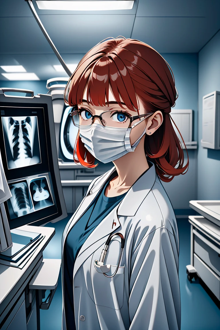 (RAW photo, best quality,facing the viewer,from front), operating room, overhead surgical light,blurred background, focused, dithering,backlighting,
 <lora:CMC_Laura_Marino_V1.0:0.7> cmc924, laura marino, 1girl, solo,red hair,glasses, 
<lora:CM_Doctor_Checking_Xray_V2.0:0.9> doctor xray, 1girl, solo, surgical mask, doctor, looking at viewer, labcoat,xray,