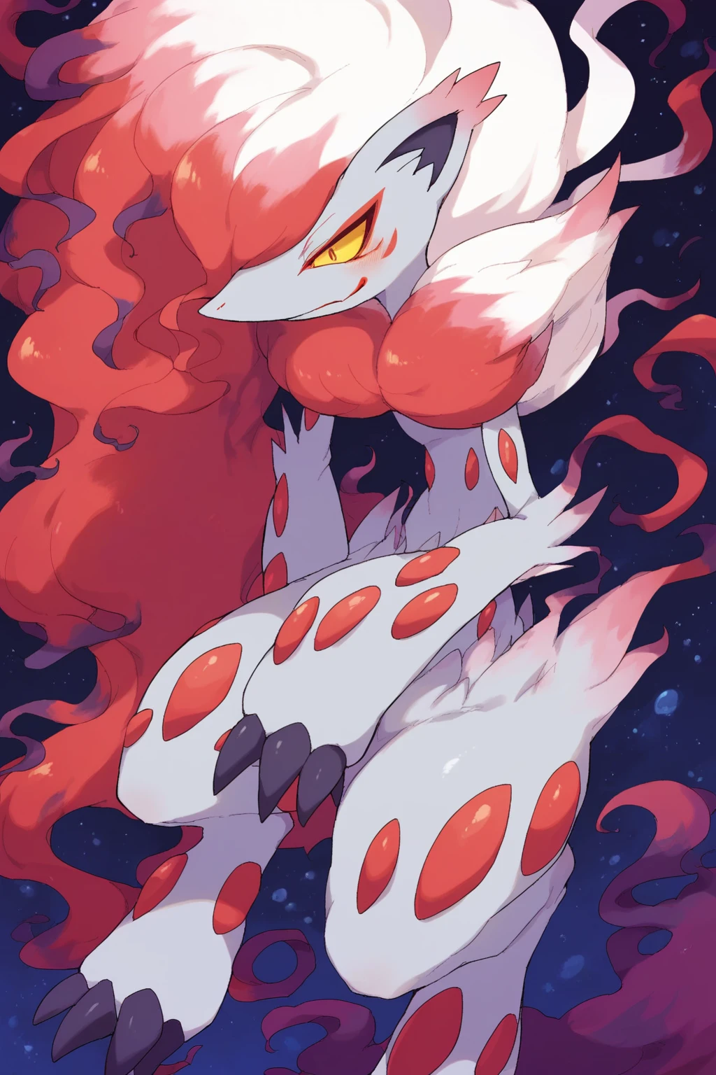 score_9, score_8_up, score_7_up, score_6_up, score_5_up, score_4_up, masterpiece, high quality, BREAK, full body, BREAK, 1girl,  <lora:Hisuian Zoroark [Pony}:1> Hisui_Zoroark, claws, multicolored hair, long hair, white hair, red hair, gradient hair, pokemon (creature), yellow eyes, white fur,