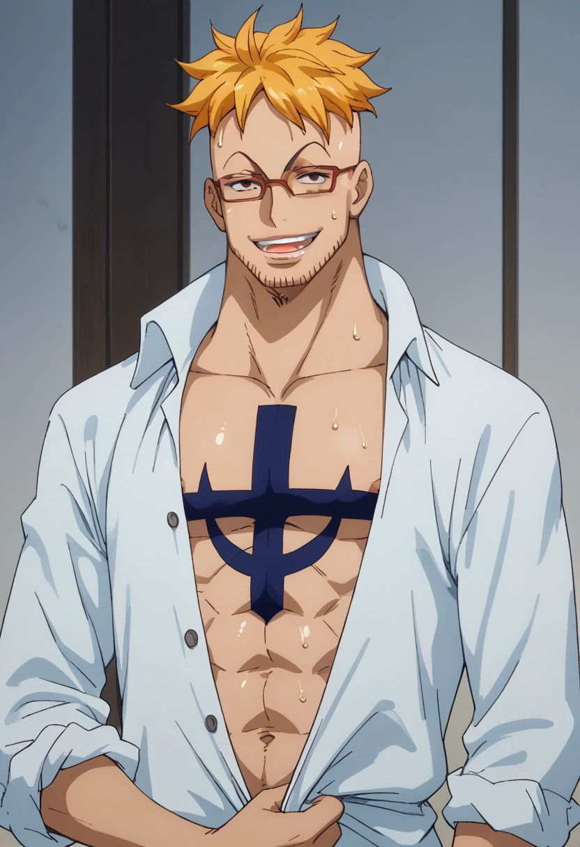 score_9, score_8_up, score_7_up, source_anime, rating_explicit, undressing, pulling own shirt, MarcoOP, black_Marco_facial hair, blonde_Marco_hair, red_Marco_glasses, black_eyes, 1boy, male focus, anime screencap, nipples, unbuttoned, dark blue_Marco_chest tattoo, sweating, holding, open mouth, smirk, looking at viewer, hands with five fingers