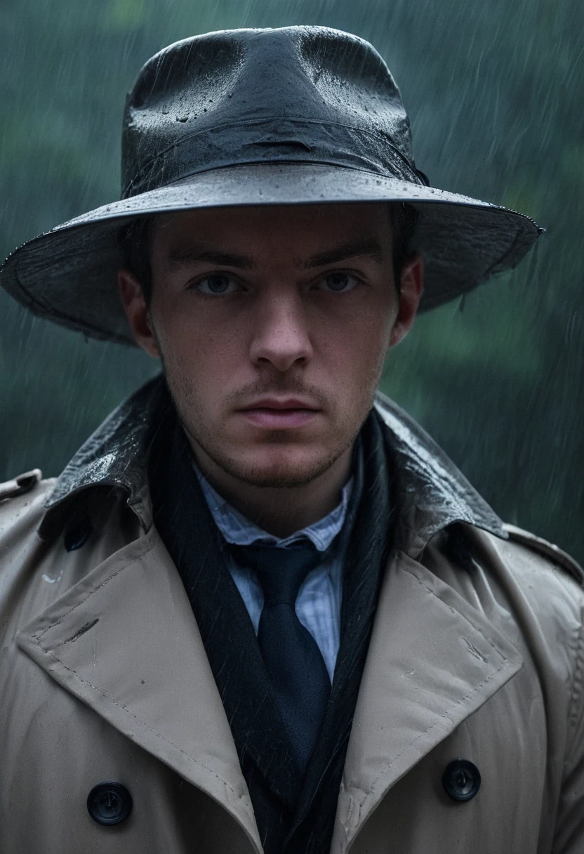 closeup head and shoulders portrait,reviewbrah,man,<lora:Reviewbrah SDXL:0.9>,trench_coat,large_hat,rainy days,lighting,rain,explosion,serious,