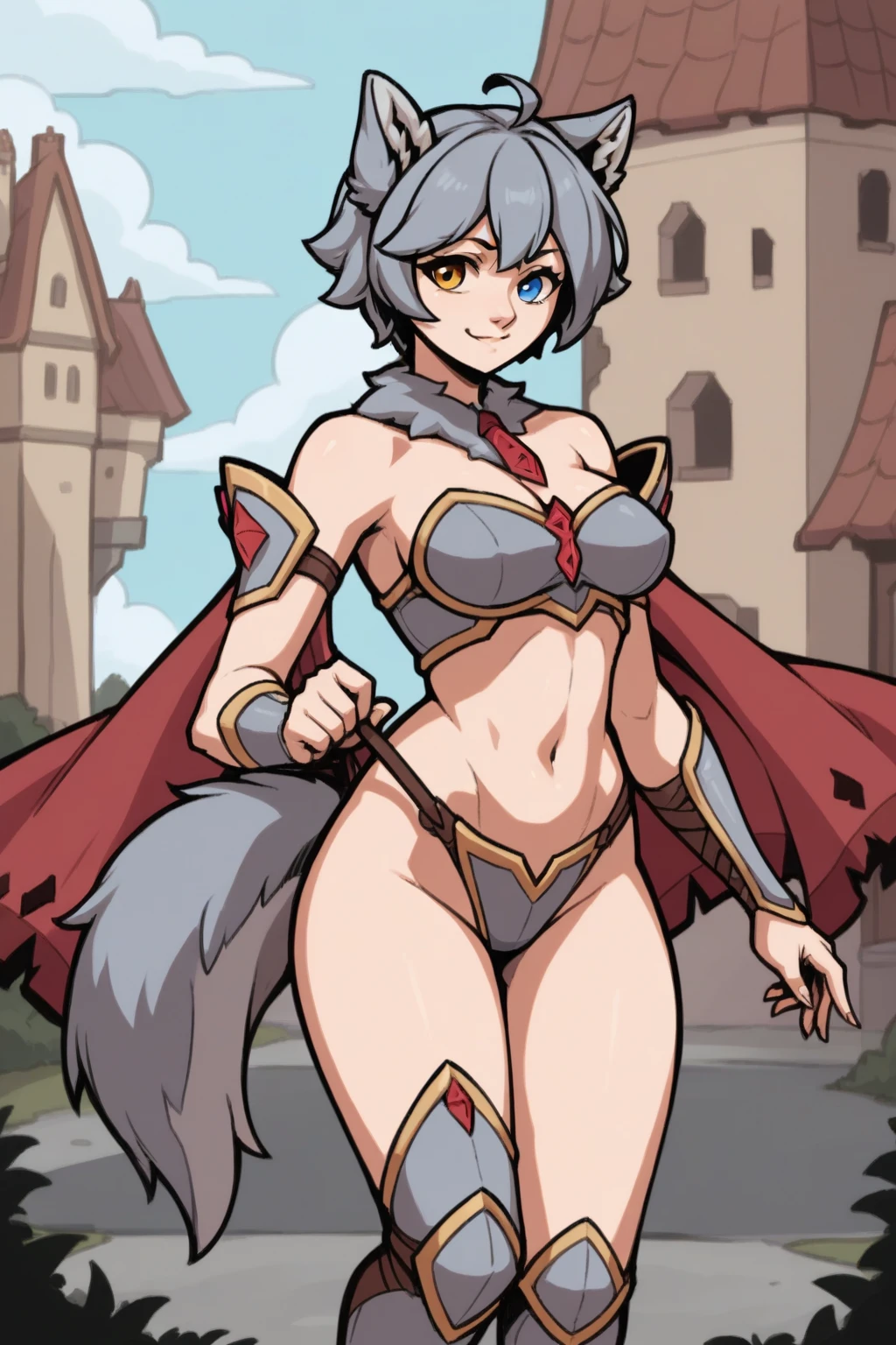 score_9, score_8_up, score_7_up, Ulvi, short hair, wolf girl, wolf ears, armor, castle, standing, medium breasts, bare shoulders, solo, 1girl, heterochromia, yellow eye, blue eye, wolf tail, ((fur on legs)), big_thighs, thick_arms<lora:EMS-451434-EMS:0.800000>