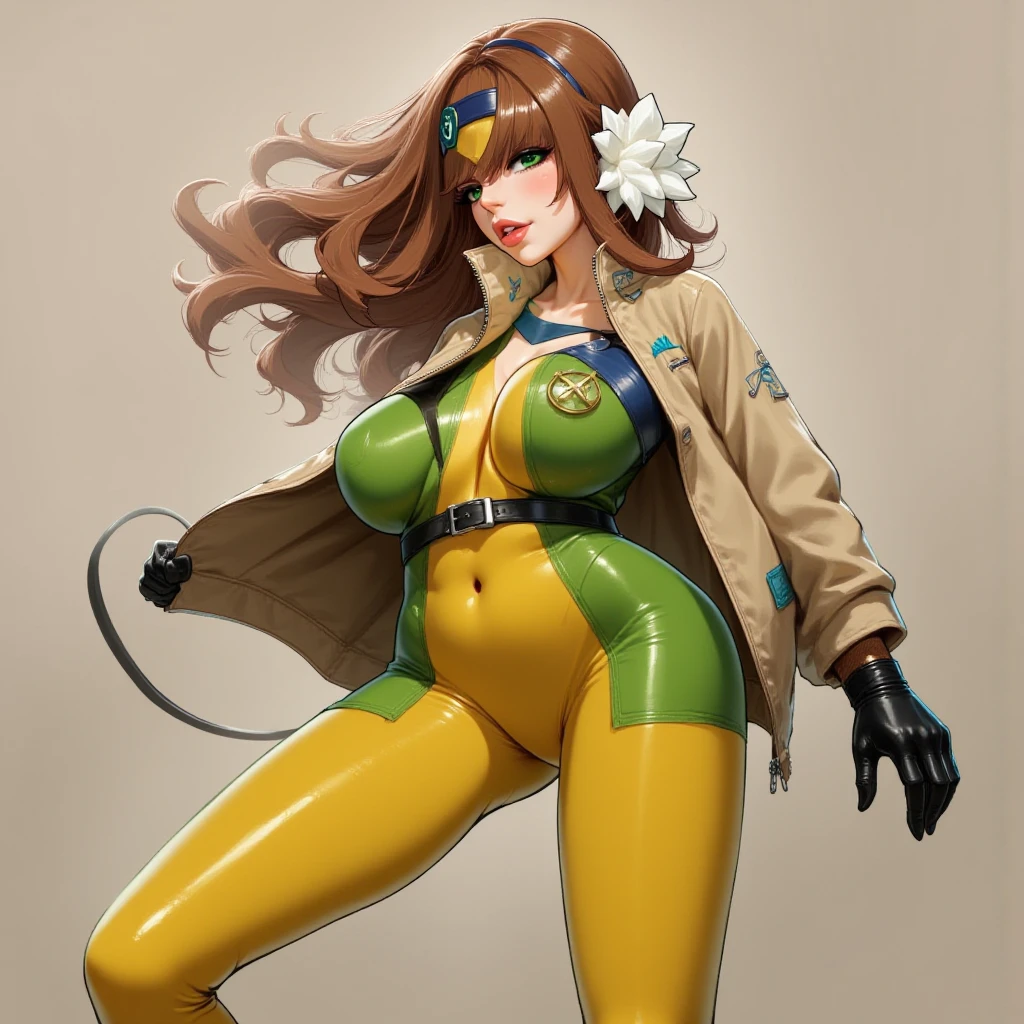 cica_style,rogue,long hair,looking at viewer,brown hair,gloves,green eyes, white hair,open clothes,open jacket,lips,bodysuit,makeup,headband,lipstick,skin tight,multicolored clothes,buckle,belt buckle,leather,superhero, dyed bangs,multicolored bodysuit,green bodysuit,yellow bodysuit, big breasts, saggy breasts, hips, legs, look at the viewer, from back, ass focus, pov, posing for viewer, long legs, in heat