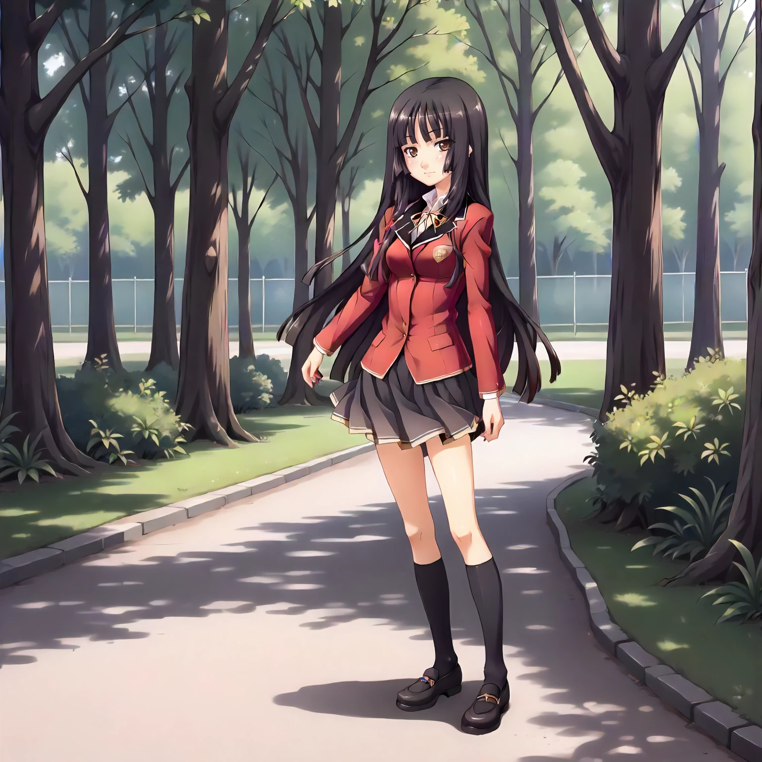 <lora:SDG_HiyoriKozakuraXLpony001>,
outdoors,nature,
solo,
HiyoriKozakura,1girl,black hair,long hair,hime cut,brown eyes,
school_uniform,red jacket,
pleated_skirt,
full body,standing,