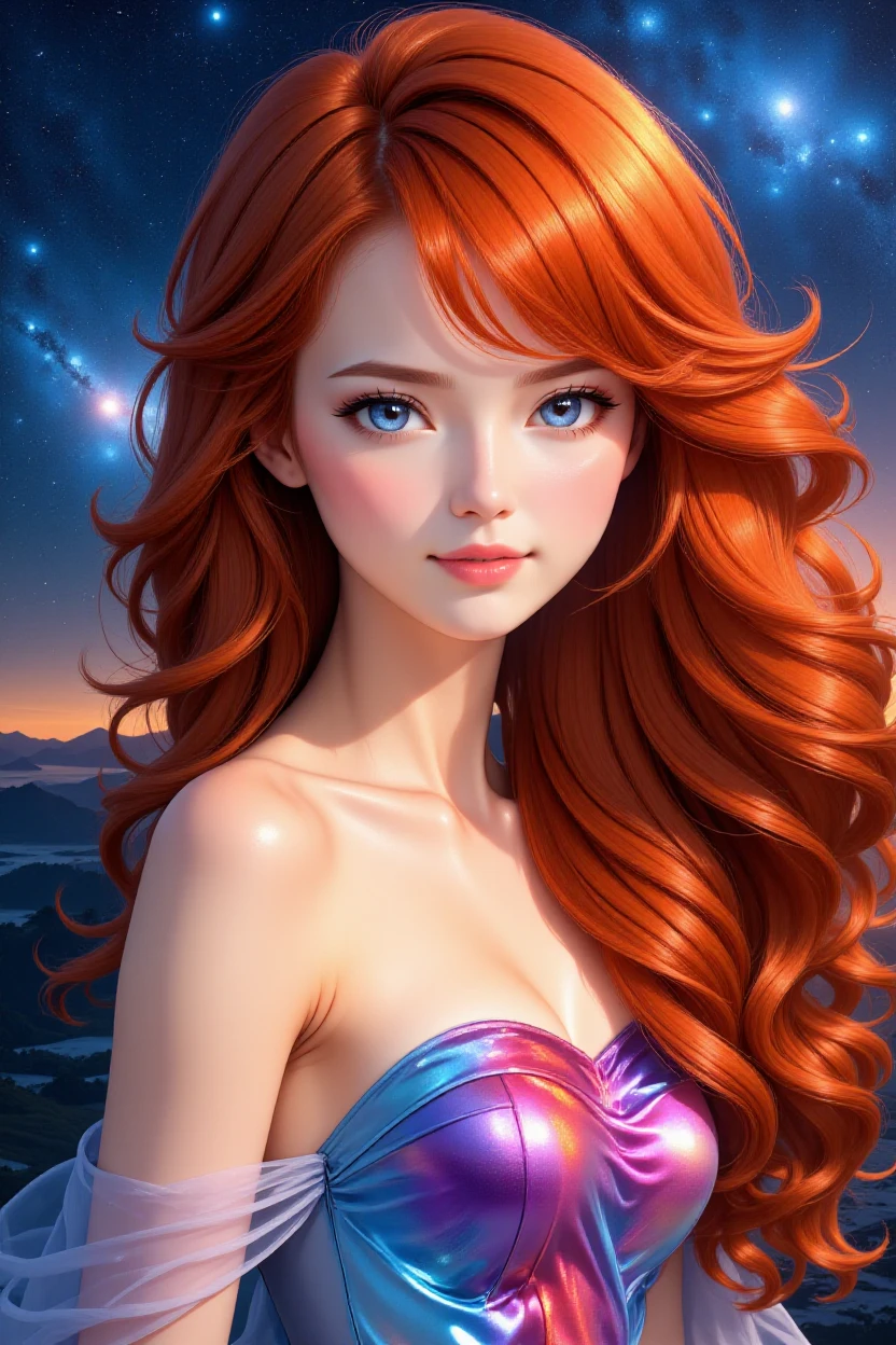 1 girl, most beautiful girl in the universe, perfect beautiful face, beautiful depp blue-silver eyes, extreme long fiery red hair, shy smile, slim body, small breasts, (colorful half-transparent dress, strapless, sleeveless), universe in background, (masterpiece:1.2), (best quality:1.2), newest, ai-generated, ultra-detailed, best shadow, detailed background, high contrast, (best illumination, an extremely delicate and beautiful), ((cinematic light)), hyper detail, dramatic light, intricate details, 8k, anime, very aesthetic,