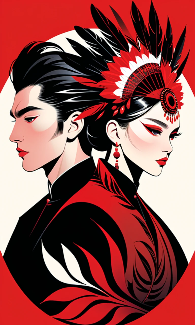 <lora:MHJ_XL:1>,Minimalist vector illustration, man and woman with dramatic red and black clothing, intricate feather headdresses, sharp facial features, intense gazes, elegant floral patterns in the background, dynamic and bold portrait composition, modern yet traditional elements.