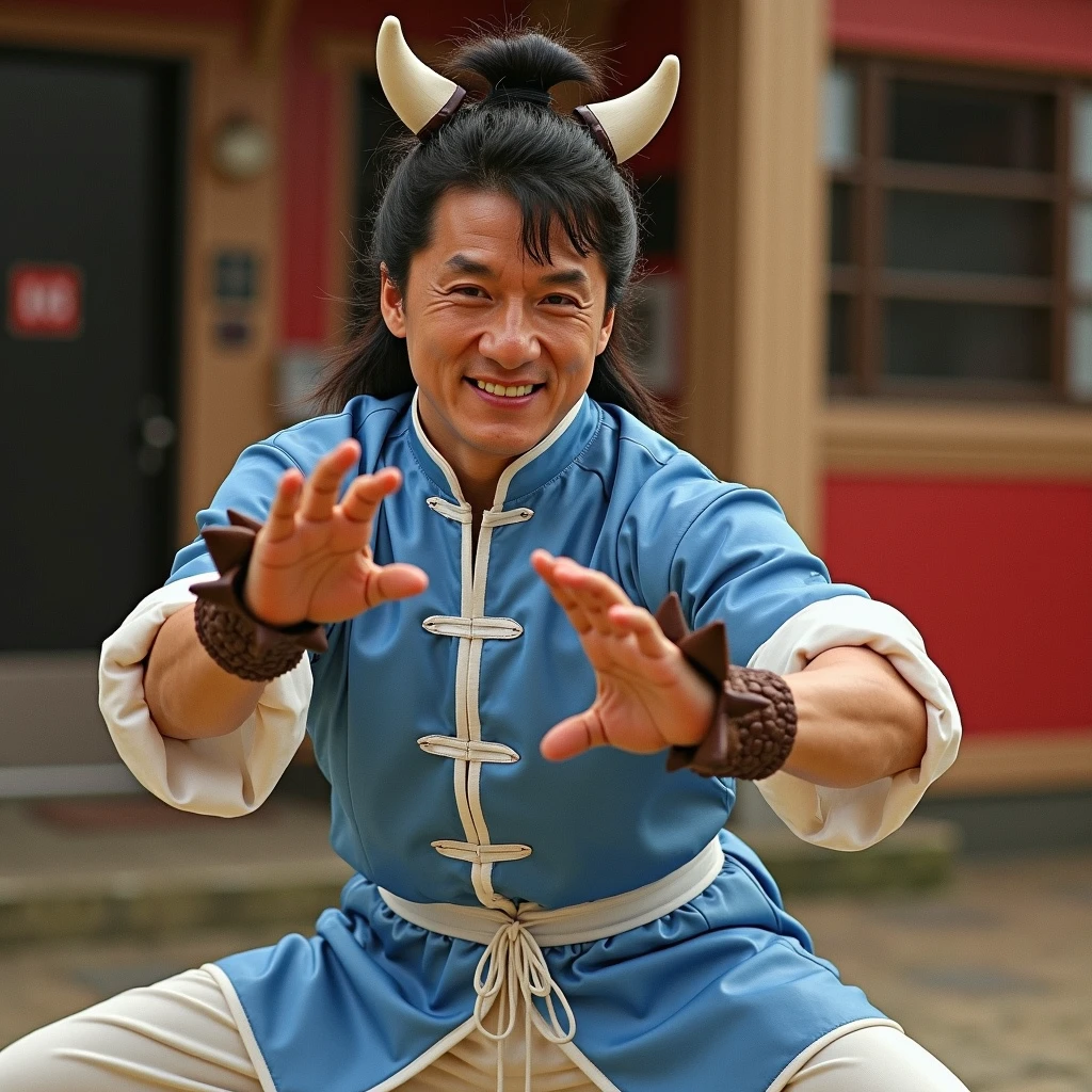 Iconic martial arts actor dressed as Chun-Li from Street Fighter, combining rugged masculinity with feminine costume. Muscular man wearing blue qipao, white combat boots, and brown spiked bracers. Hair styled in Chun-Li's signature ox horns. Striking a kung fu pose with a mischievous grin. Background suggests a movie set or comic convention.