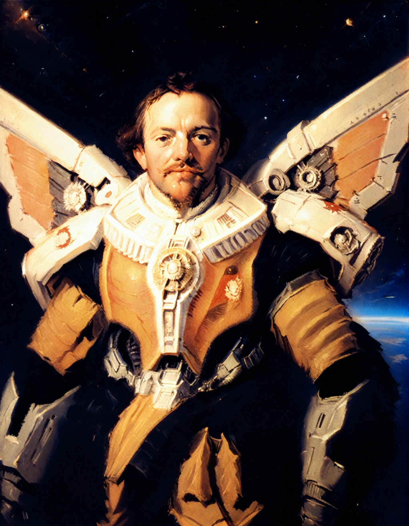 <lora:frans-hals_pony_v3:1>  'Portrait of a space_marine ' by Hals Frans in 1633, portrait \(genre\), Baroque \(style\), male-portraits, Gentleman, Chin, Facial hair, space_marine,wh40k <lora:Spaceship_Girls-SDXL-V1_0:1> spaceship girls, mechanical wings, space, armless, legless, amputee, score_9, score_6_up, score_7_up