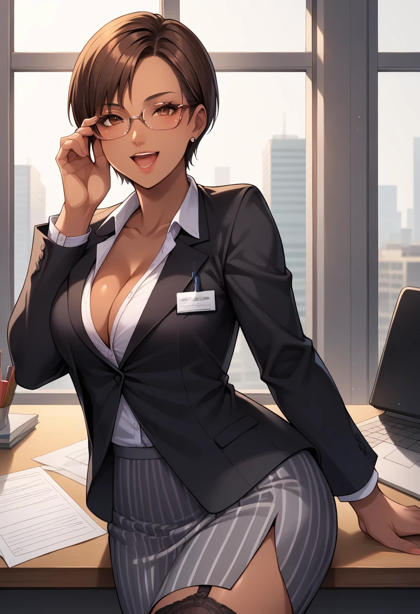 score_9, score_8_up, score_7_up,  source_anime,  BREAK,  <lora:DOALisaHamilton:0.9>, DOALisaH, short hair, brown hair, dark-skinned female, business suit, grey skirt, striped skirt, garter belt,  glasses, office, adjusting eyewear, seductive smile, open mouth, 1 girl,