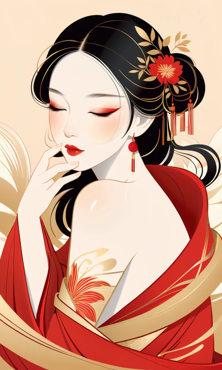 <lora:MHJ_XL:1>, Minimalist vector illustration, serene female figure, closed eyes, resting pose, traditional Chinese aesthetic with golden and red floral elements, soft lighting, dreamy expression, elegant hair and makeup, smooth lines, delicate pattern details, warm harmonious color palette.