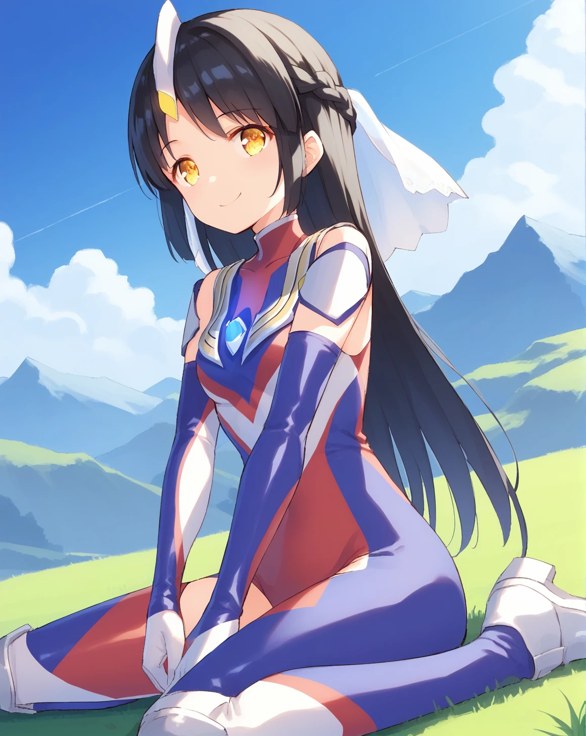 <lora:ultragirl_tiga_v1.1:1>,tiga,headgear,long hair,black hair,braid,yellow eyes,small veil,
blue chest jewel,silver chest jewel,multicolored bodysuit,elbow gloves,
1girl,solo,
sitting,on ground,arm support,
mountain,outdoors,grass,
smile,, score_9,score_8_up,score_7_up,source_anime,best quality,masterpiece,uncensored,detailed eyes,