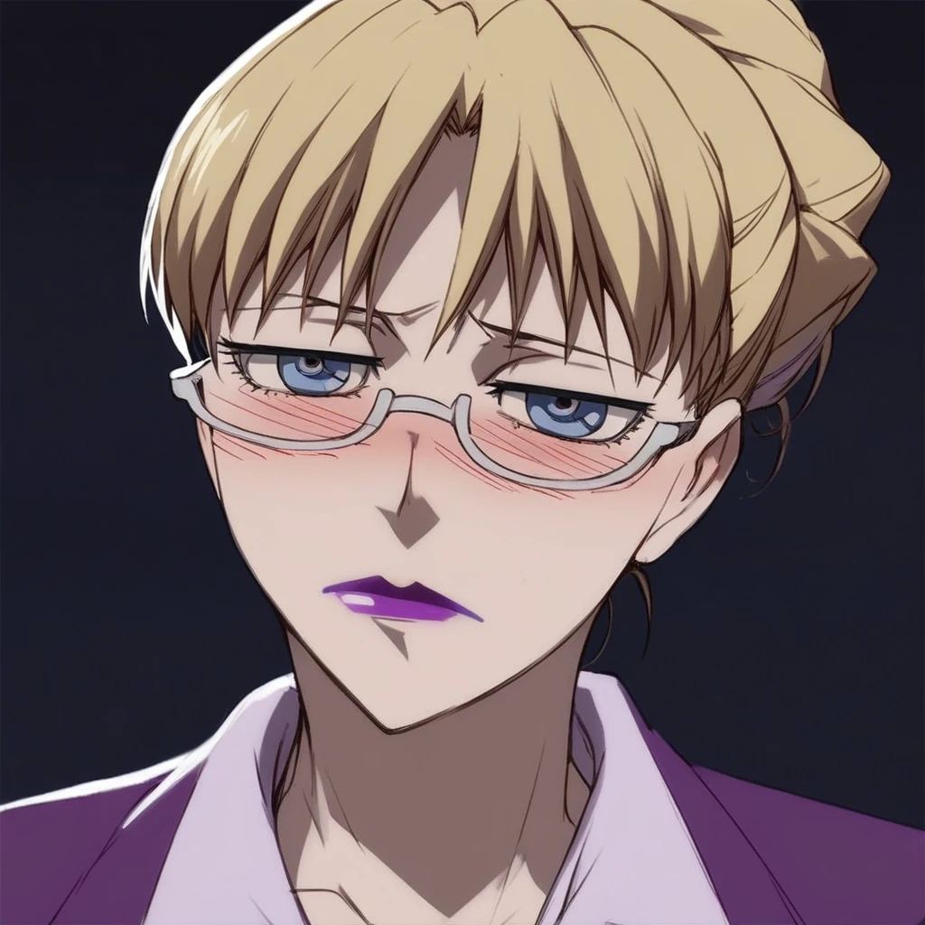 score_9, score_8_up, score_7_up, source_anime, expressive, anime, Artist speedlines, dynamic, D4RK3RTH4NBL4CK, BR1T4, 1woman, (brita_(darker_than_black):1.2), blonde_hair, blue eyes, purple_lips, glasses, business_attire, serious_expression, anime_girl, purple_jacket, white_shirt, tied_hair, female, looking at viewer, facing viewer, bare_legs, high_heels, blush, blushing, embarrassed, dark background, Artist style:komori_takahiro