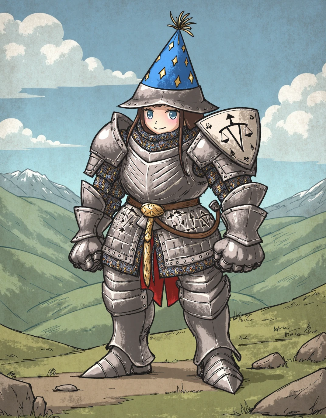 A cartoon character from RuneScape stands proudly in full rune armor, its silver plates adorned with intricate designs and gleaming under the light. He wears a vibrant blue party hat perched atop his helmet, adding a festive touch. The armorâs bulky, medieval style contrasts with the playful hat, creating a striking visual. In the background, a fantasy landscape unfolds with rolling green hills and a clear blue sky, complementing the characterâs distinctive outfit and highlighting the gameâs whimsical, adventurous world.