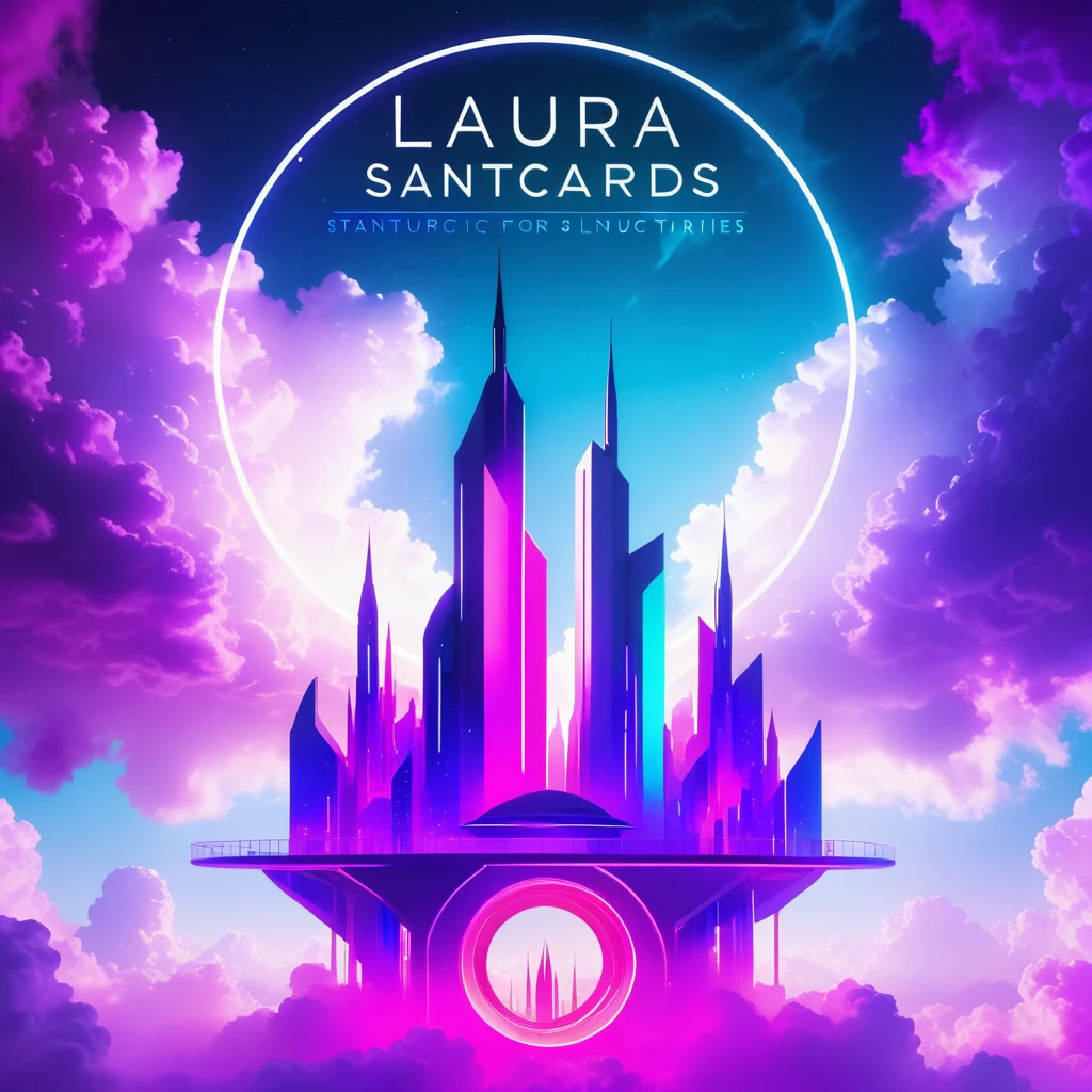 "A futuristic logo for 'Laura Flux Skyward Sanctuaries,' set in a glowing, ethereal font, integrated into a vibrant kaleidoscope sky of purple, blue, and pink with clearly defined, floating futuristic buildings. The background features sleek, semi-transparent structures with glowing edges, tall spires, and bioluminescent terraces, spaced out on distinct platforms. The text 'Laura Flux Skyward Sanctuaries' should be placed prominently, glowing softly with a futuristic neon-like effect, blending harmoniously with the ethereal atmosphere and floating architecture. The overall style is sleek, modern, and elegant, reflecting a high-tech, futuristic sanctuary in the clouds."