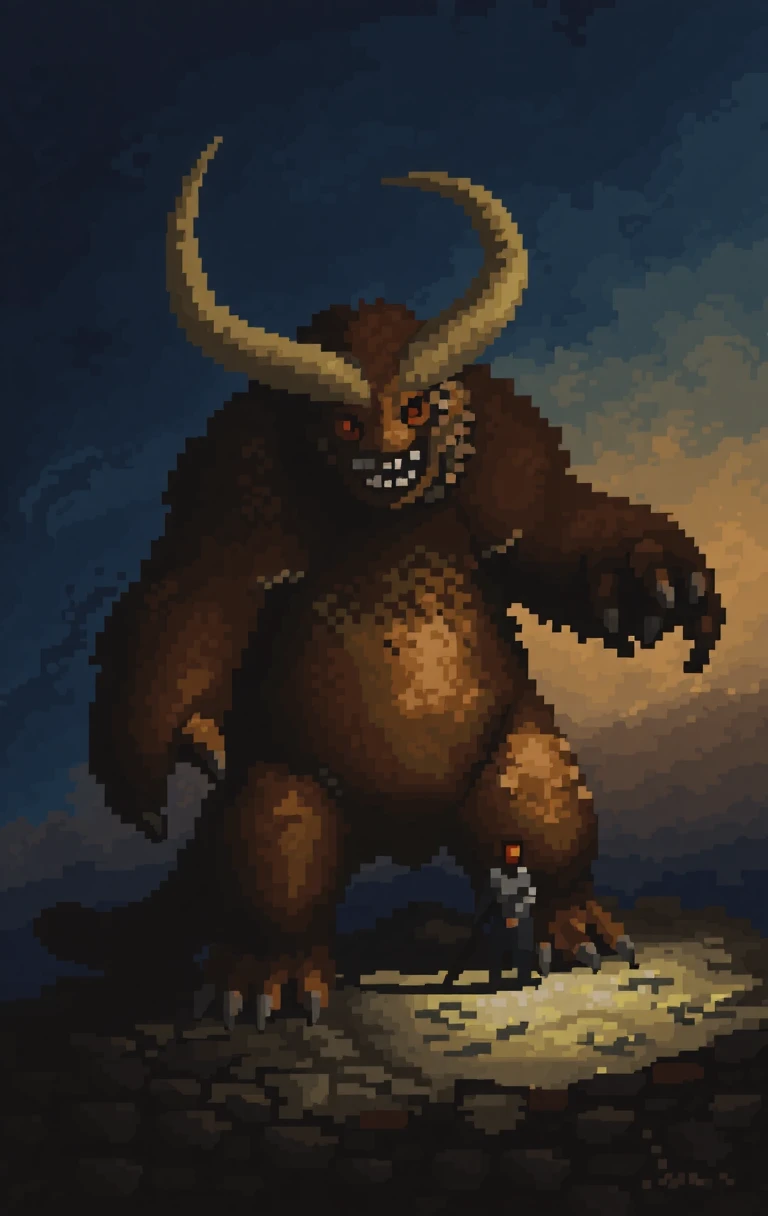 pixel art is a painting of a large, furry creature with two large horns on its head. The creature appears to be a monster or a creature with sharp teeth and sharp claws. It is standing on a rocky ground with a person standing next to it, holding a stick in their hand. The background is a dark blue sky with a hint of orange and yellow, giving the impression of a stormy sky. The overall mood of the image is ominous and foreboding.