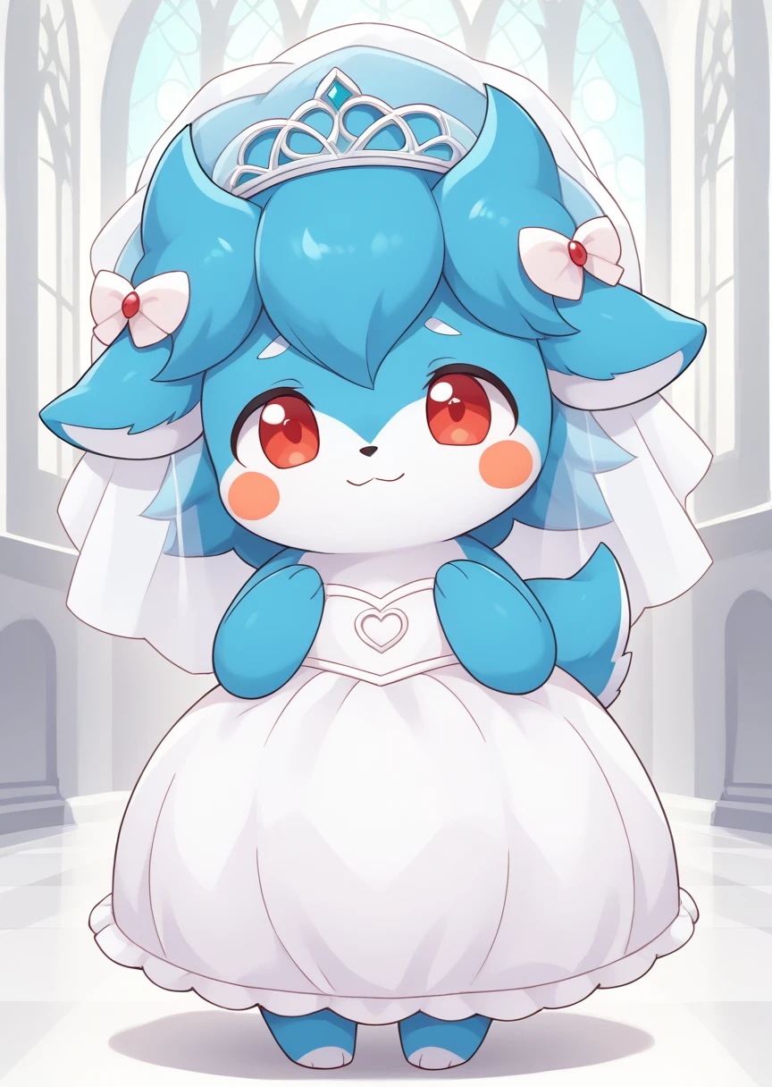 score_9_up, score_8, score_7, score_6, BREAK
Palimu, solo, looking at viewer, red eyes, closed mouth, standing, full body, no humans, blush stickers, blue fur, BREAK
detailed background, church, wedding dress, wedding veil, shy, blushing, smile, happy