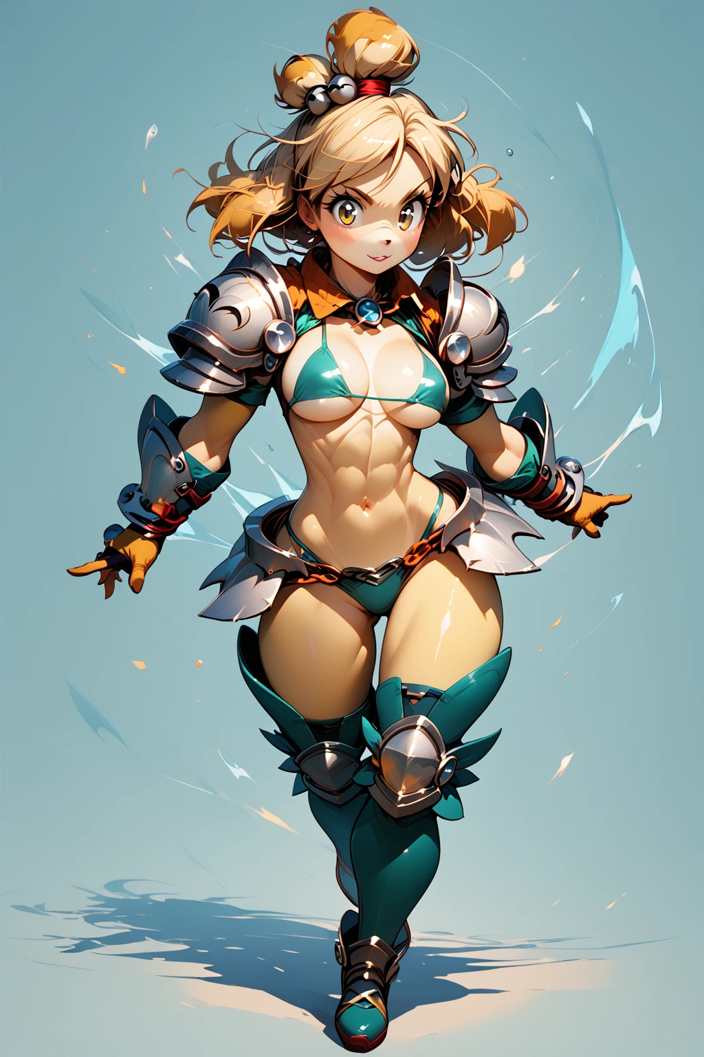 score_9, score_8_up, score_7_up, score_6_up, BREAK, 1girl, source_furry, bikiniarmor, <lora:Bikini_Armor_PonyXL:1> full body, dynamic pose, holding weapon, isabelle \(animal crossing\),