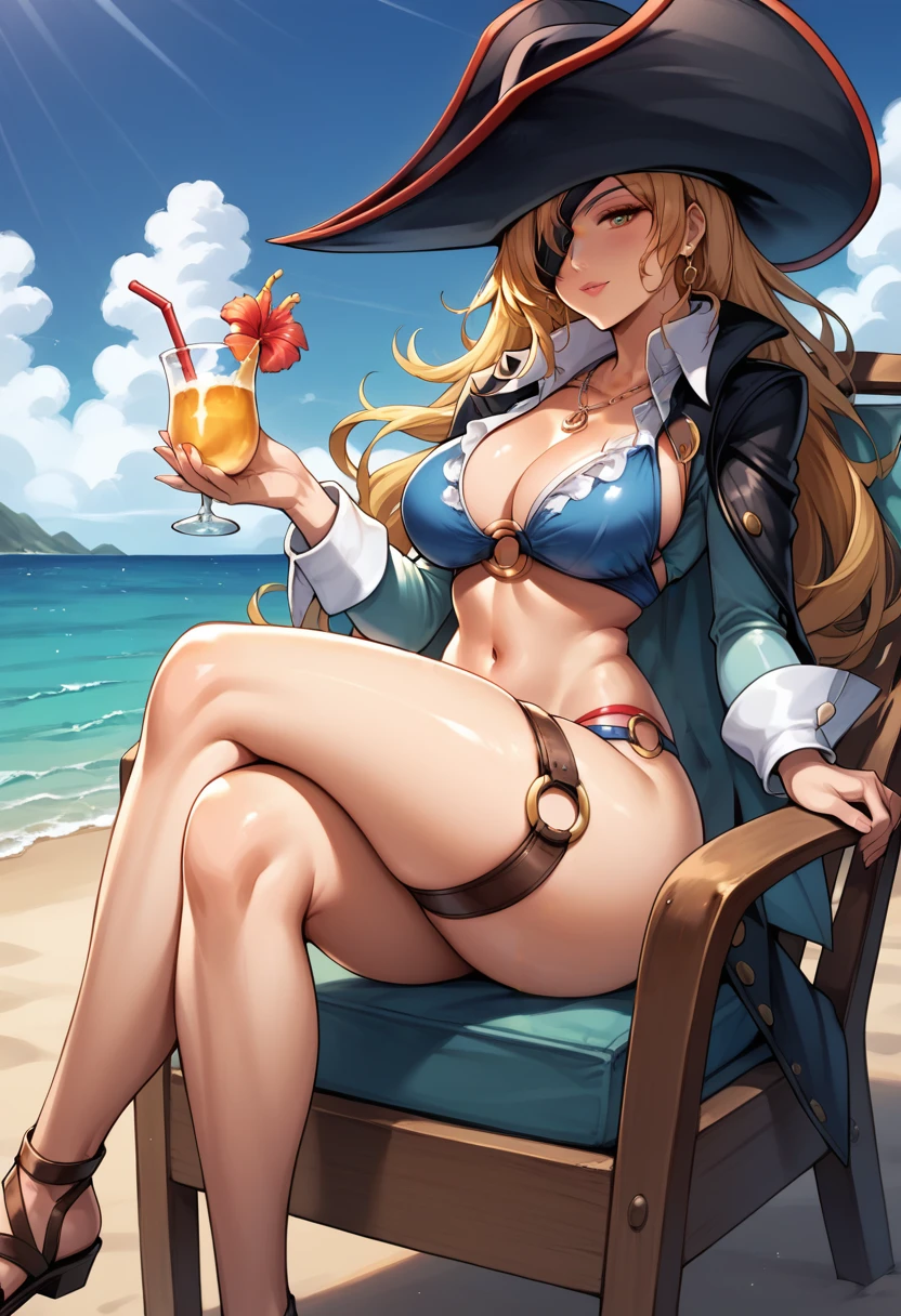 score_9, score_8_up, score_7_up,  source_anime,  BREAK,   <lora:RubyMVC2:0.8>,  RubyMVC2, long hair, blonde hair, pirate hat, eyepatch, , blue ,  , o-ring, thighs, thigh strap, holding drink, sitting, beach chair, close-up, sandals, crossed legs, 1 girl, solo, looking att viewer,