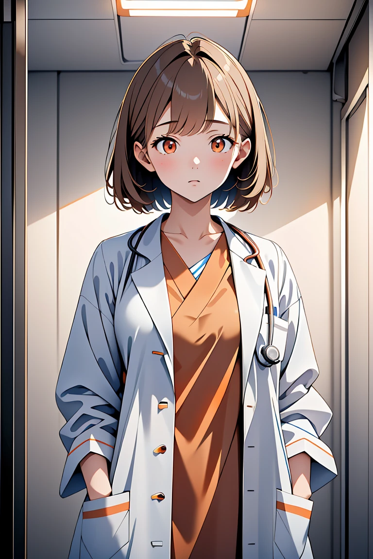 (RAW photo, best quality,facing the viewer,from front), operating room, overhead surgical light,blurred background, focused, dithering,backlighting,
 <lora:3dcc_Kimo_Tsunoda_V1.0:0.65> 3dcc, kimo tsunoda, 1girl, solo, light brown hair, orange eyes,
 <lora:DW_PG_Doctor_LabcoatOverScrubs1_1:0.8> labcoat and scrubs, 1girl, solo, looking at viewer, stethoscope,