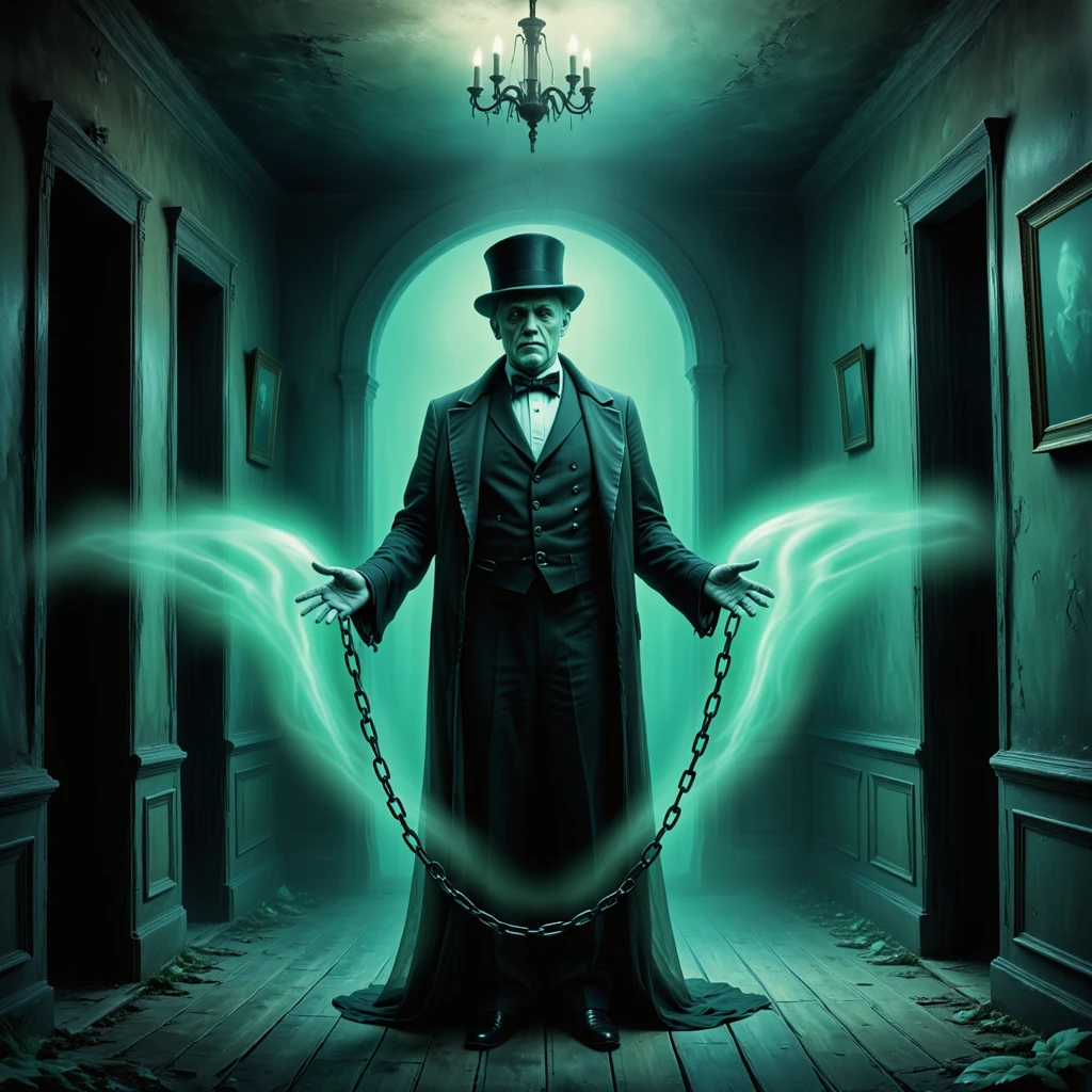 A old spectral gentleman ghost, standing in the parlor. Holding chains in his hands.

ghstlyCE style