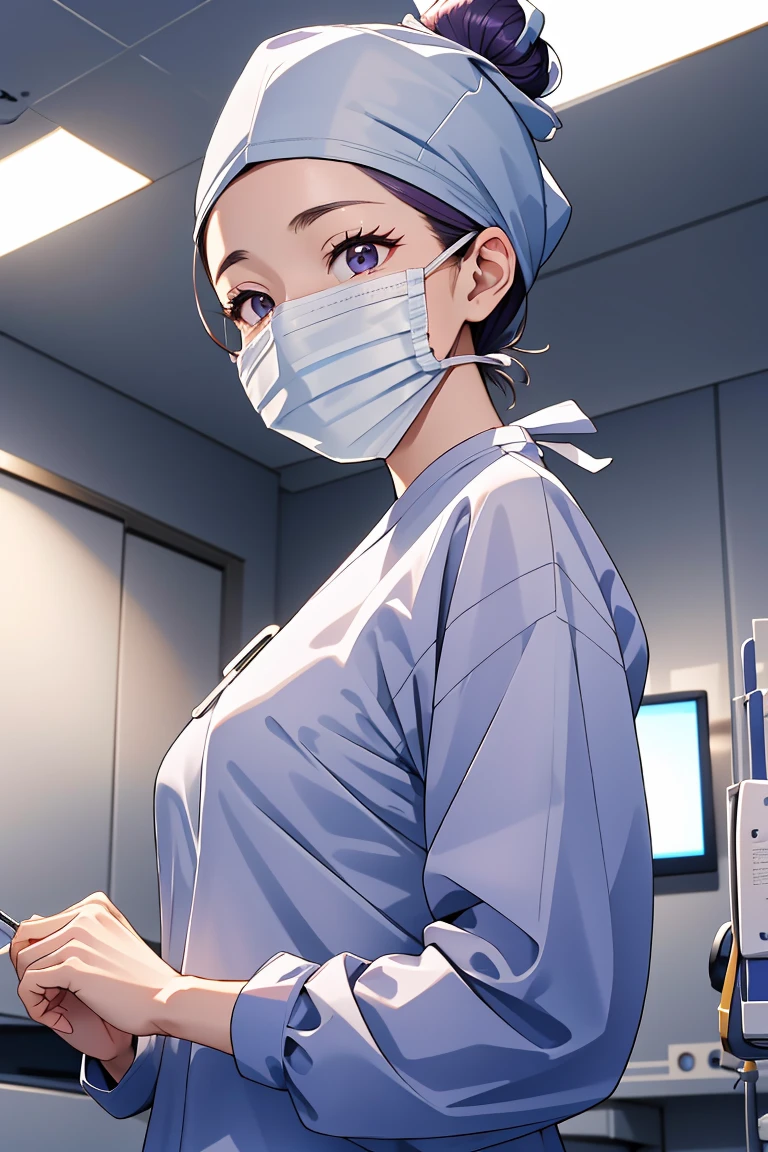 (RAW photo, best quality,facing the viewer,from front), operating room, overhead surgical light,blurred background, focused, dithering,backlighting,
 <lora:CMC_Katherine_Moretti_V1.0:0.5> cmc924, katherine moretti, 1girl, solo,dark purple hair, single hair bun, brown eyes,long hair,
 <lora:ConceptClothingSurgicalOutfit2_1:0.9> surgical outfit, surgical mask, long sleeves,surgical outfit, long sleeves, surgical mask,surgical cap,