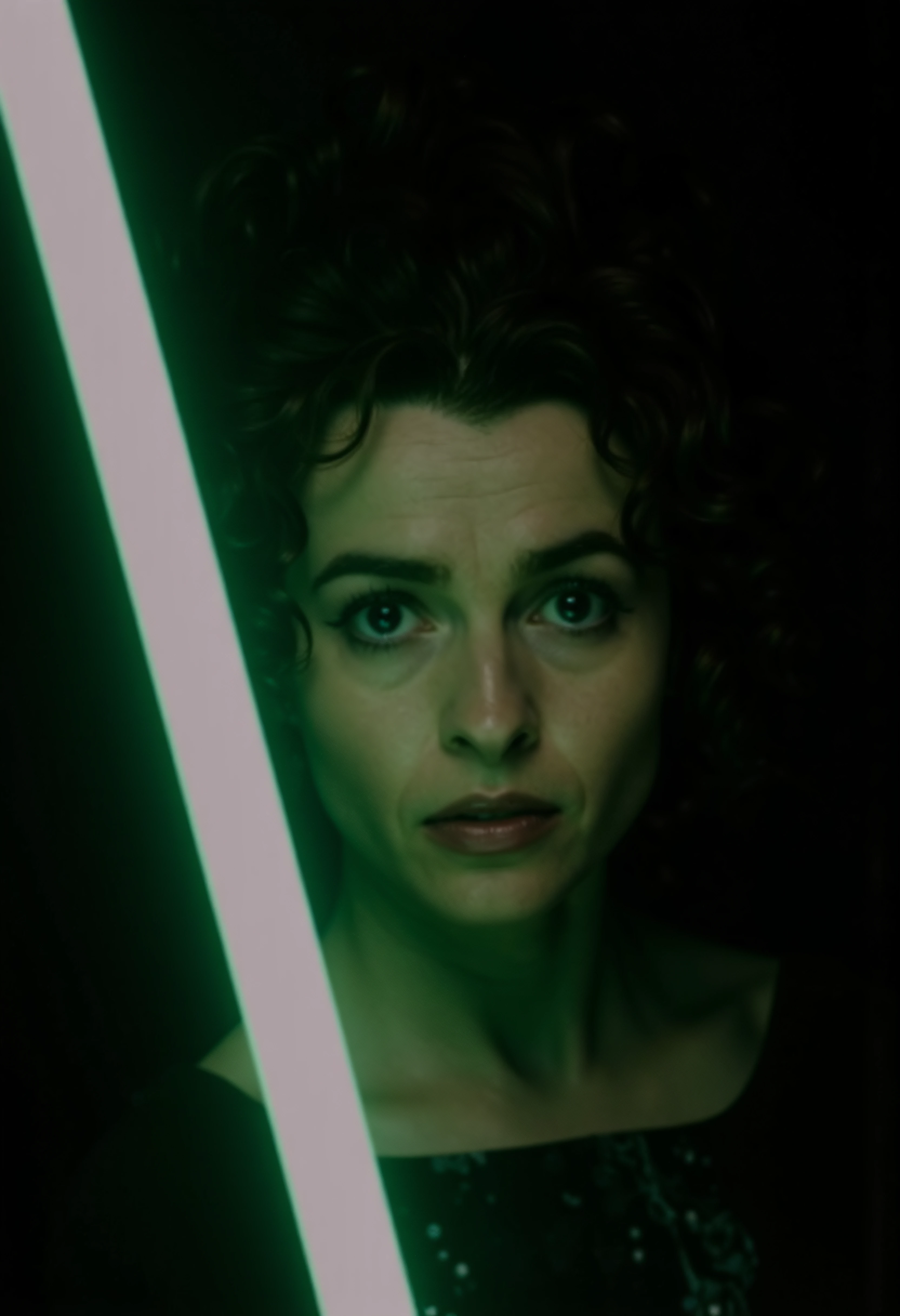 portrait of a woman, she is in a dark cave, she has puffy curly hair, focus is on the woman, she is holding a green lightsaber, 