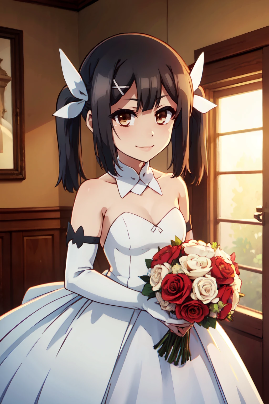 ((masterpiece,best quality)), absurdres,  BREAK, , <lora:MiyuEdelfelt_SD:0.7>, zzMiyu, twintails, hair ribbon, x hair ornament, brown eyes, , BREAK, bride, wedding dress, bridal veil, strapless dress, elbow gloves, holding bouquet,, BREAK, solo, smile, looking at viewer, cowboy shot,