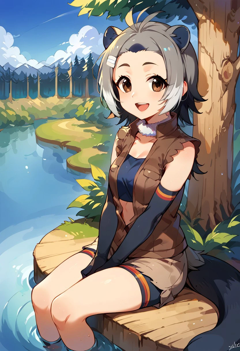 1girl, ((solo)), best quality, ultra-detailed, extremely detailed, perfect anatomy, masterpiece, score_9, score_8_up, score_7_up, american beaver (kemono friends), animal ears, brown eyes, tail, grey hair, antenna hair, multicolored hair, short hair, hairclip, elbow gloves, black gloves, brown jacket, open jacket, sleeveless, fur collar, shorts, bikini top, shoes, outdoors, lake in a forest clearing background, blue skies, sun shining in, lake, forest clearing, blue skies, sunny day, sitting on a tree stump, clearing, pristine water, feet in water, sitting, open mouth smile, happy, looking at viewer, arms at sides, dutch angle,