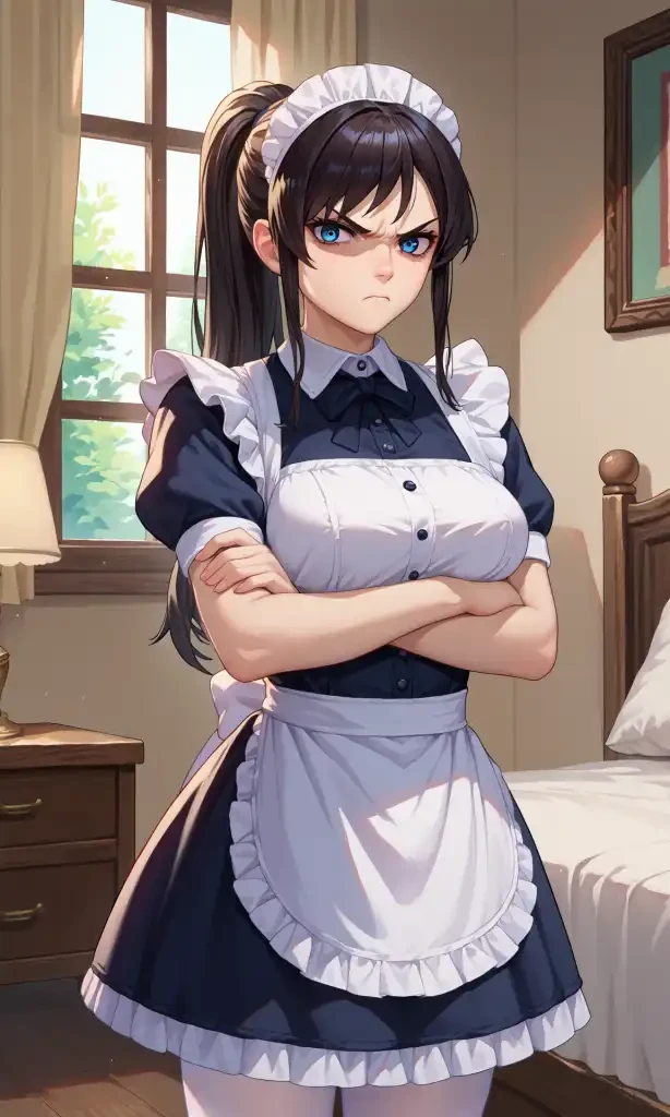 score_9, score_8_up, score_7_up, source_anime, nicole09, 1girl, solo, cowboy shot, long hair, black hair, ponytail, sidelocks, maid headdress, maid dress, maid apron, white pantyhose, indoors, bedroom, looking at viewer, angry, crossed arms, arms under breasts